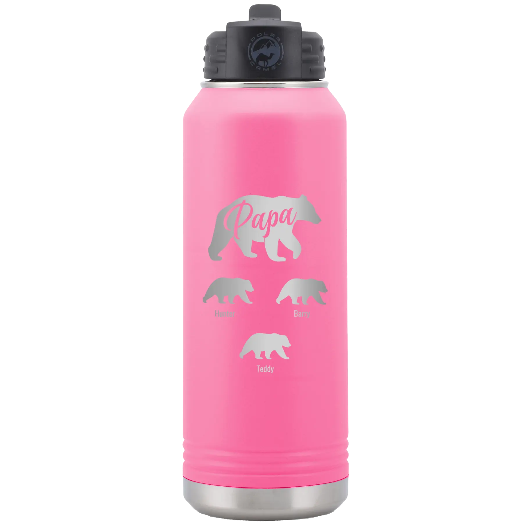 Personalized pink 32 oz vacuum insulated water bottle with 'Papa Bear 3 baby bears' design