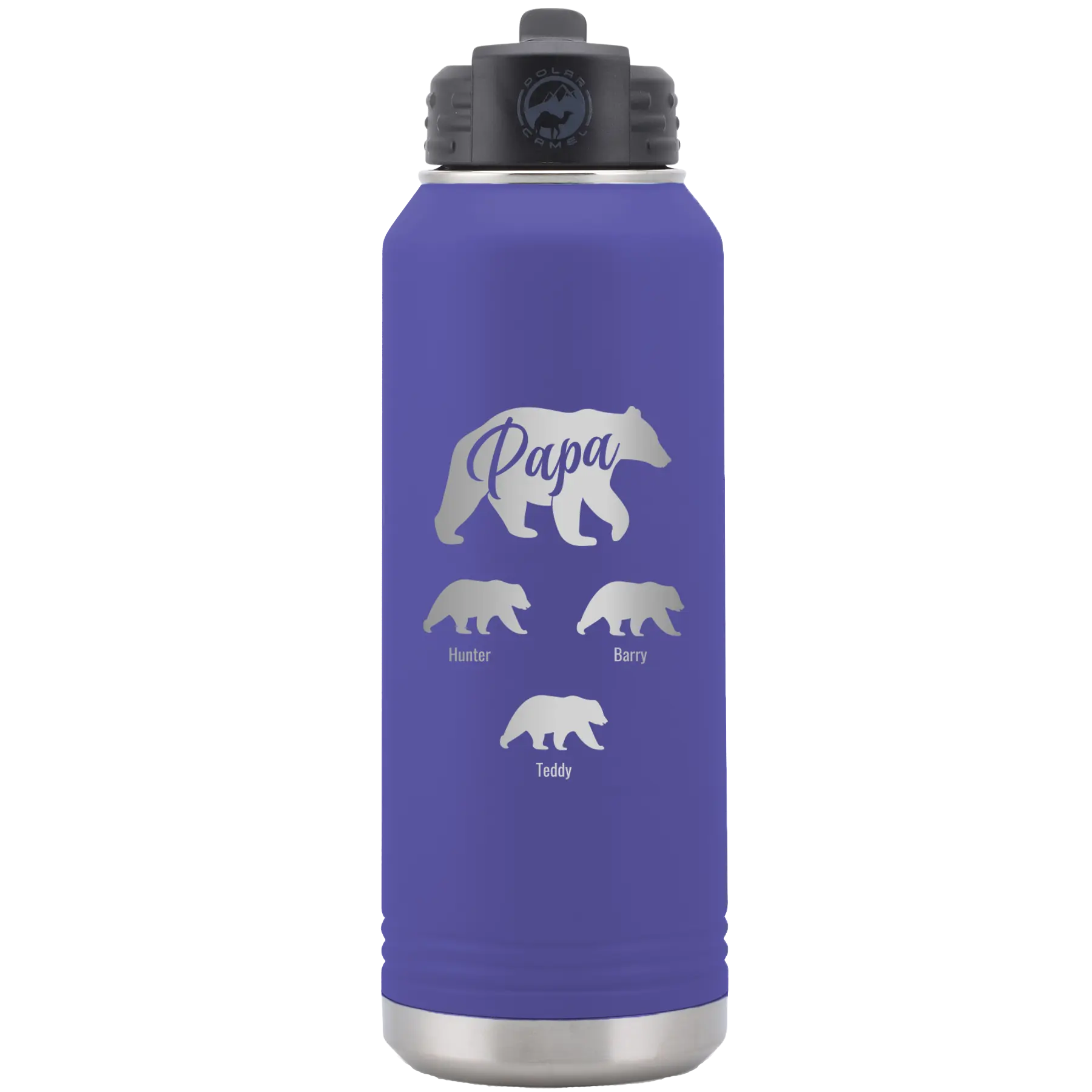 Personalized purple 32 oz vacuum insulated water bottle with 'Papa Bear 3 baby bears' design