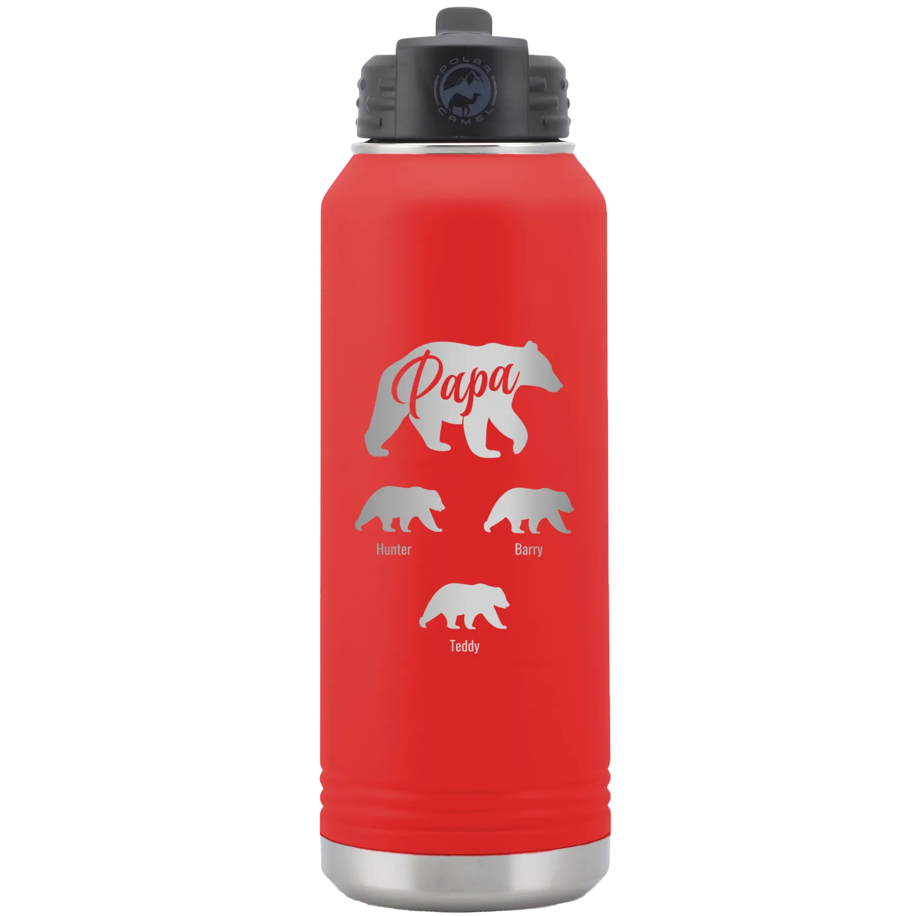 Personalized red 32 oz vacuum insulated water bottle with 'Papa Bear 3 baby bears' design
