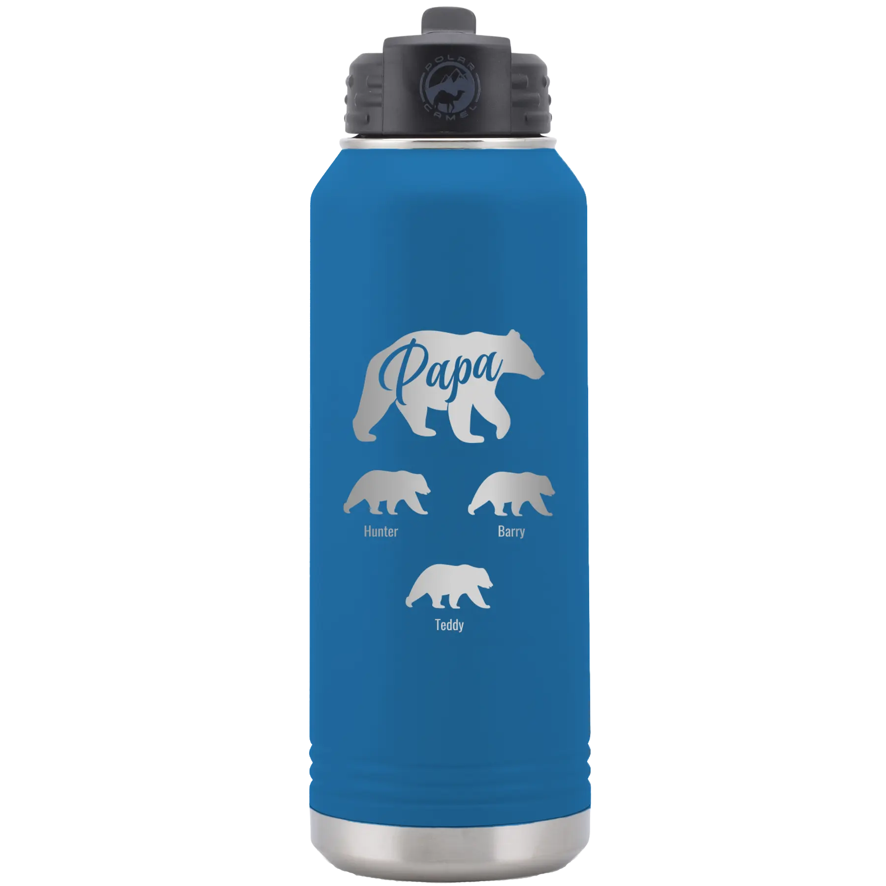 Personalized royal blue 32 oz vacuum insulated water bottle with 'Papa Bear 3 baby bears' design