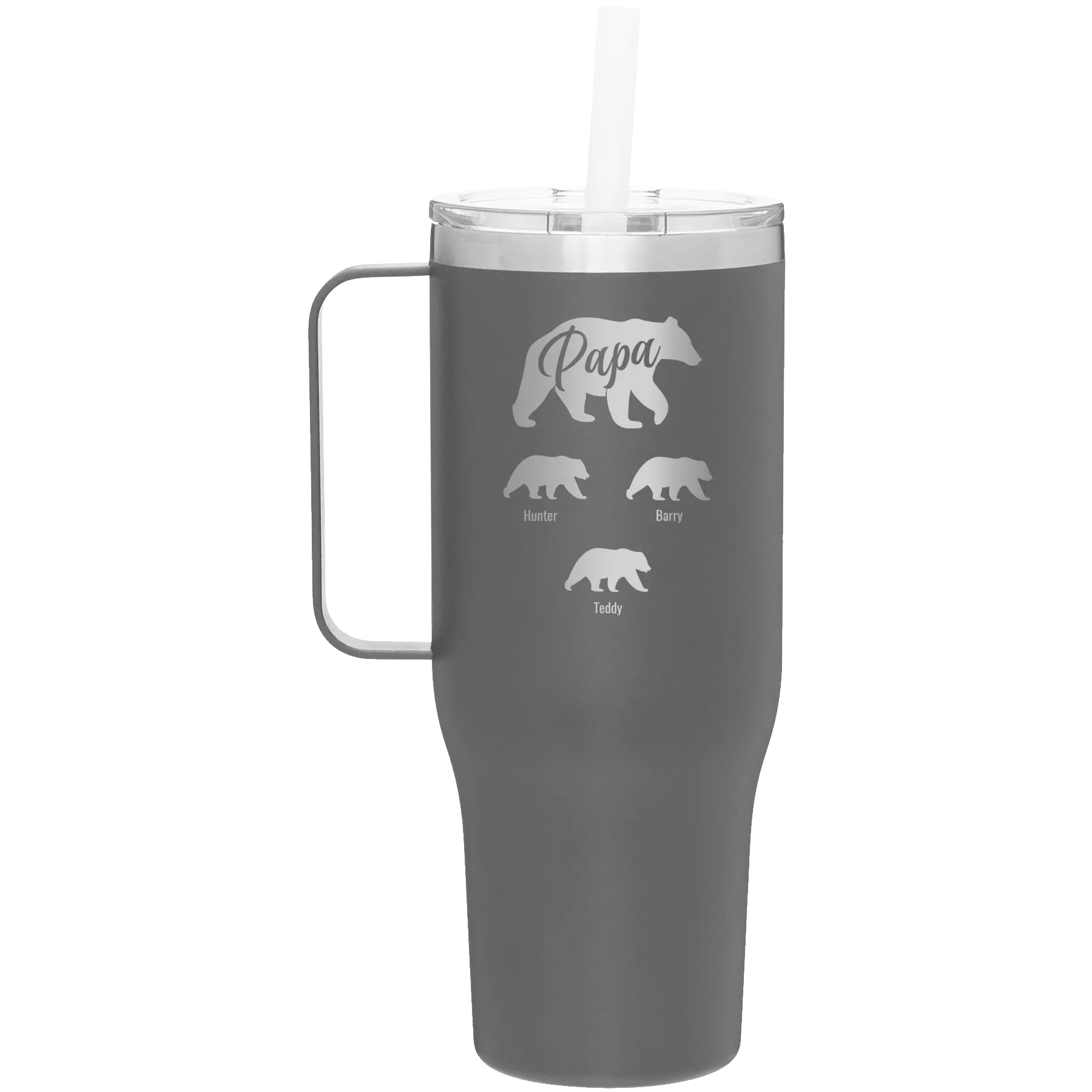 Personalized slate 40 oz vacuum insulated tumbler mug with 'Papa Bear 3 baby bears' design