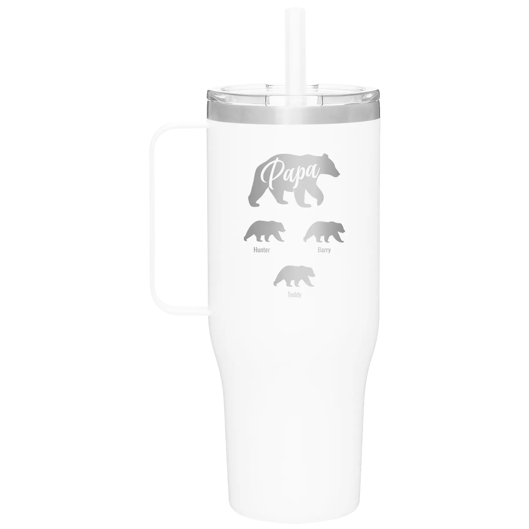 Personalized white 40 oz vacuum insulated tumbler mug with 'Papa Bear 3 baby bears' design