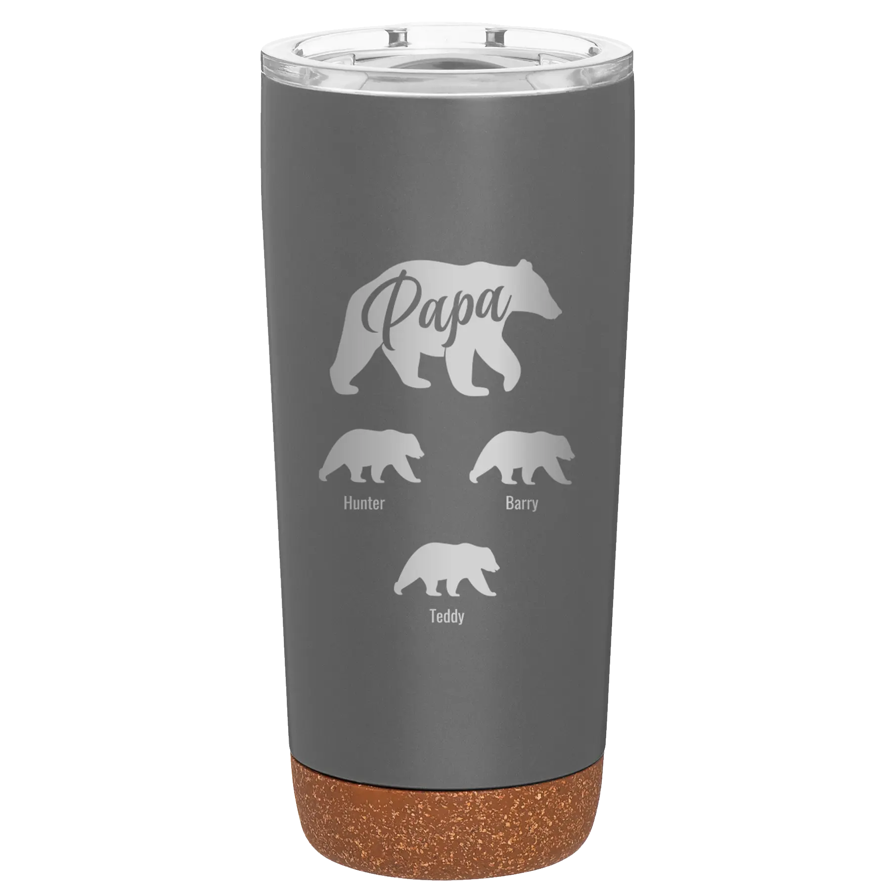 Personalized storm gray 20 oz vacuum insulated tumbler with 'Papa Bear 3 baby bears' design