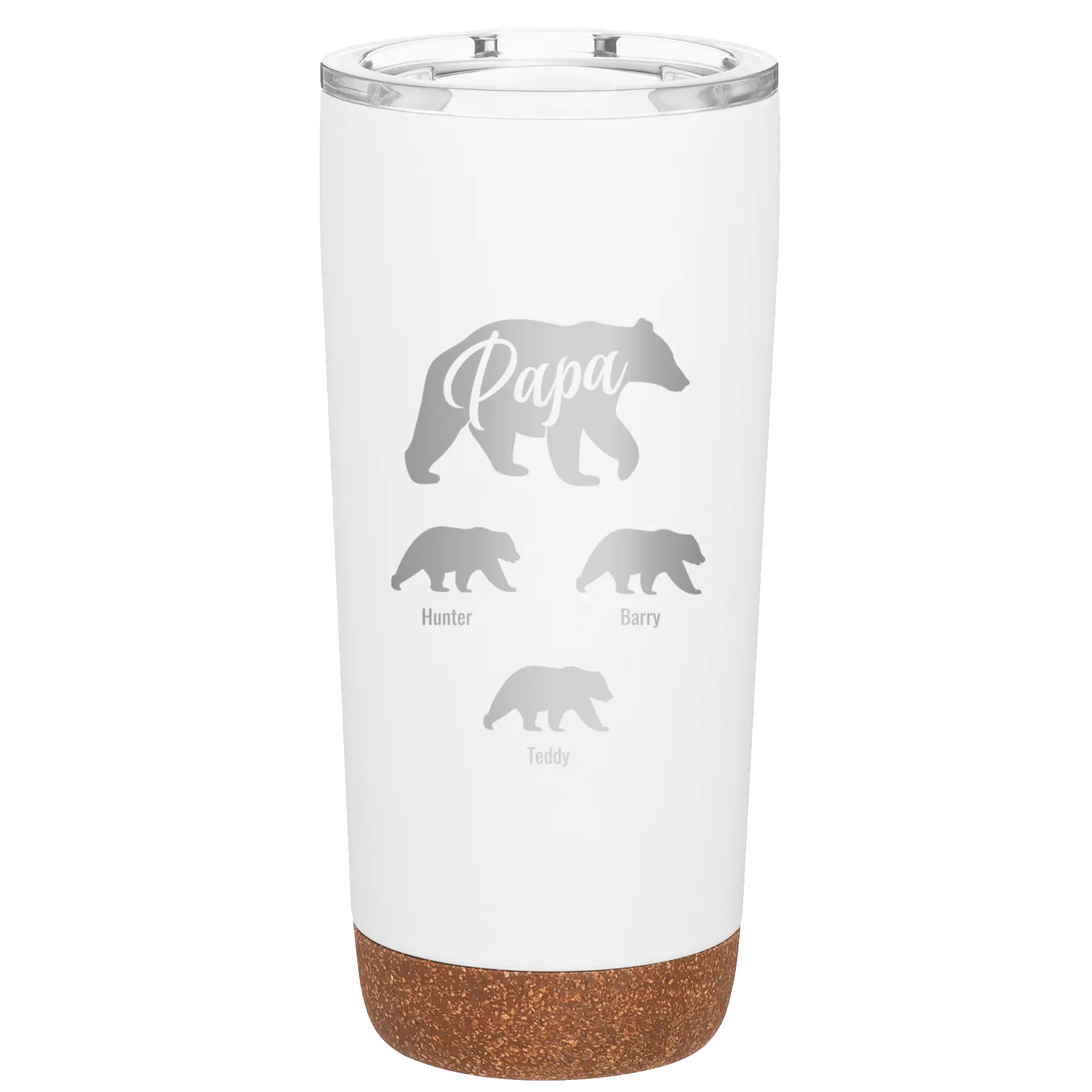 Personalized white 20 oz vacuum insulated tumbler with 'Papa Bear 3 baby bears' design