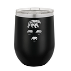Personalized black 12 oz vacuum insulated wine cup with 'Papa Bear 3 baby bears' design