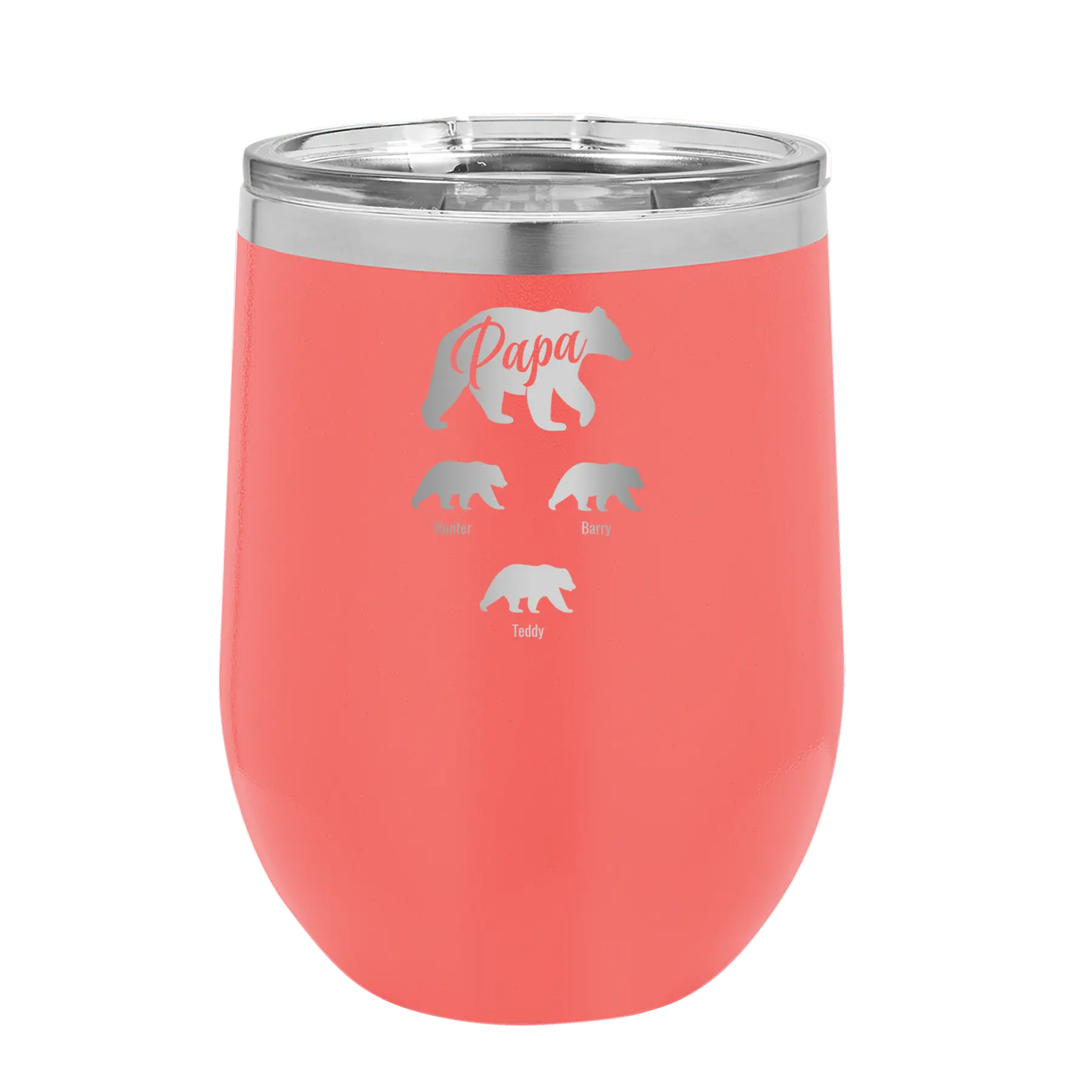 Personalized coral 12 oz vacuum insulated wine cup with 'Papa Bear 3 baby bears' design