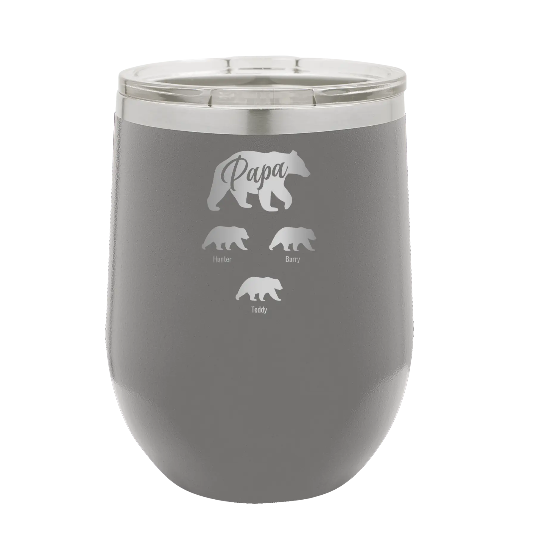 Personalized dark gray 12 oz vacuum insulated wine cup with 'Papa Bear 3 baby bears' design