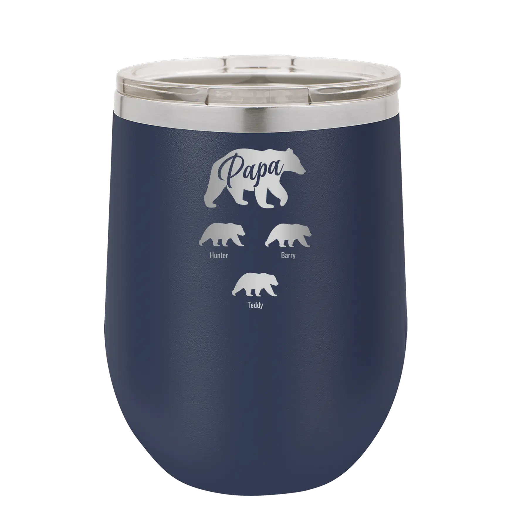 Personalized navy 12 oz vacuum insulated wine cup with 'Papa Bear 3 baby bears' design