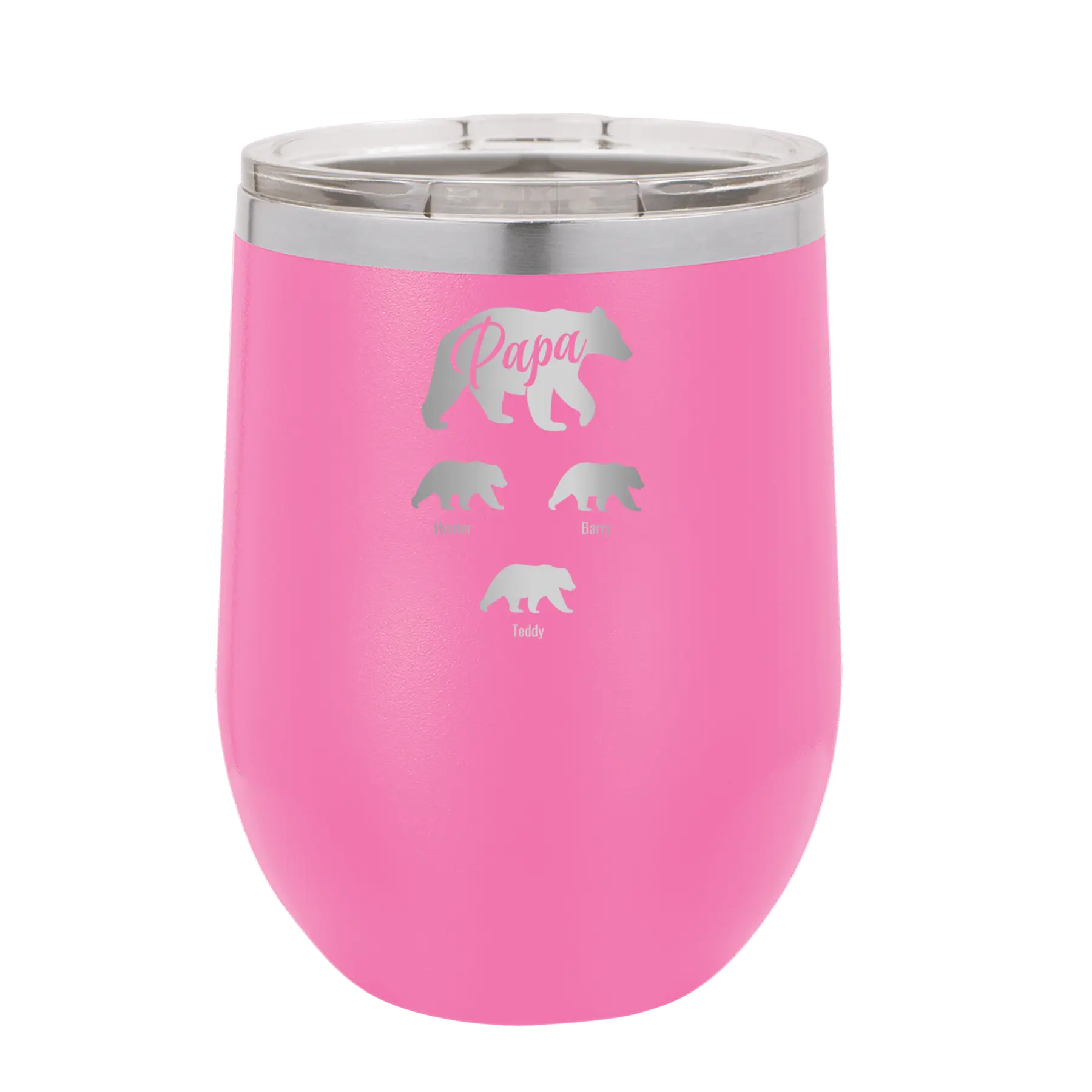 Personalized pink 12 oz vacuum insulated wine cup with 'Papa Bear 3 baby bears' design