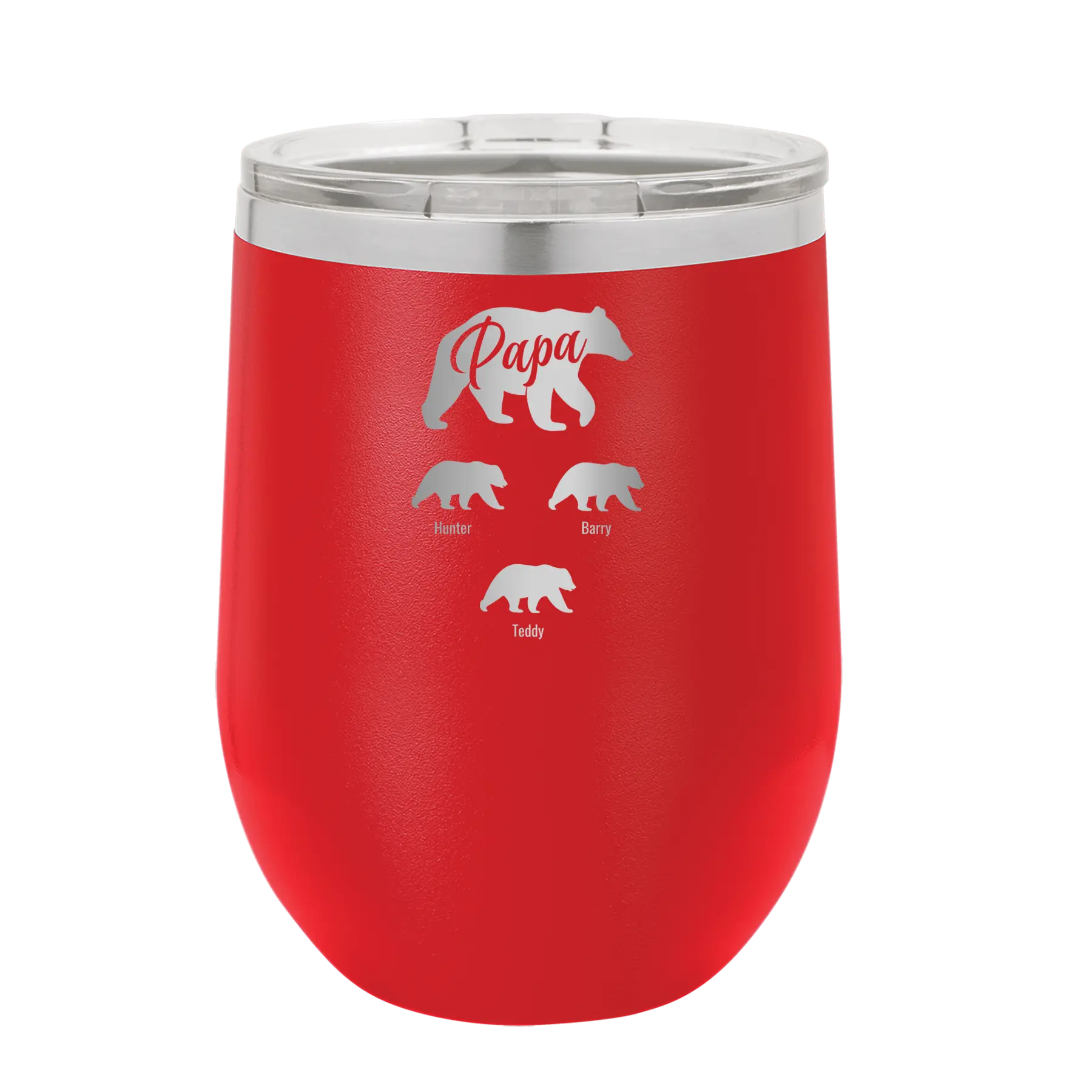 Personalized red 12 oz vacuum insulated wine cup with 'Papa Bear 3 baby bears' design