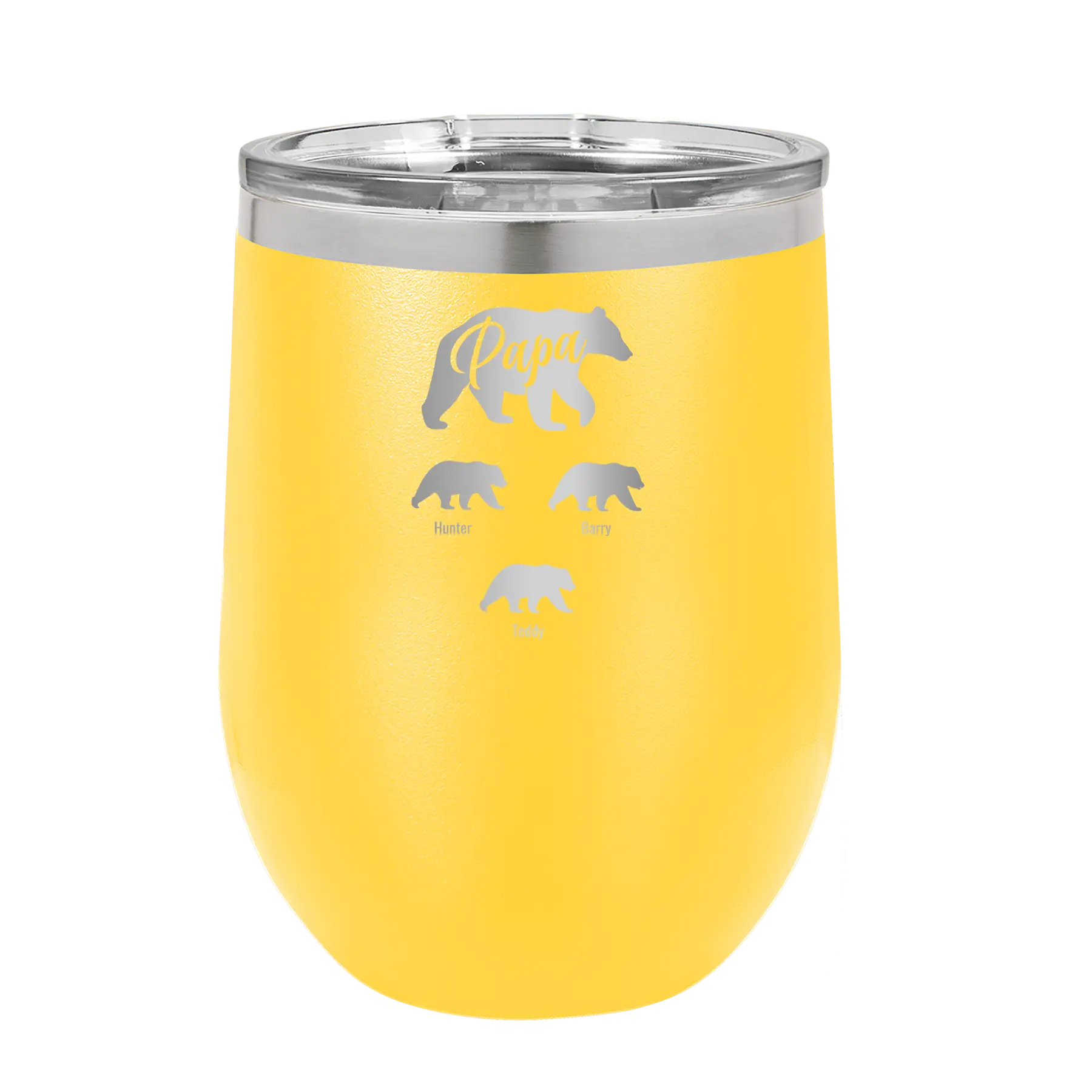 Personalized yellow 12 oz vacuum insulated wine cup with 'Papa Bear 3 baby bears' design