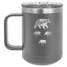 Personalized dark gray 15 oz vacuum insulated coffee mug with 'Mama Bear 3 baby bears' design