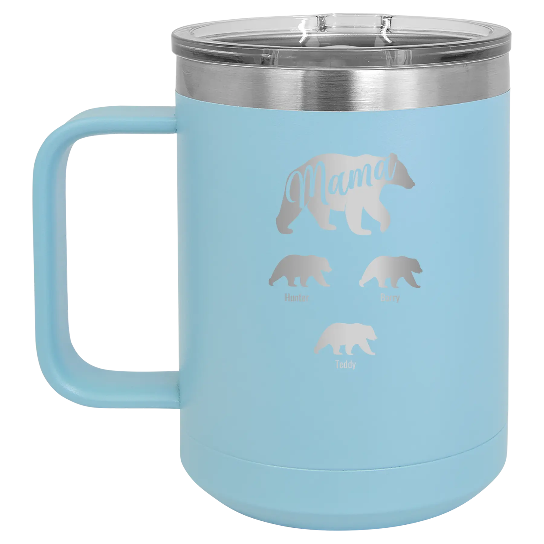 Personalized light blue 15 oz vacuum insulated coffee mug with 'Mama Bear 3 baby bears' design