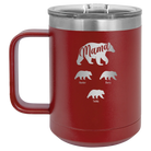 Personalized maroon 15 oz vacuum insulated coffee mug with 'Mama Bear 3 baby bears' design