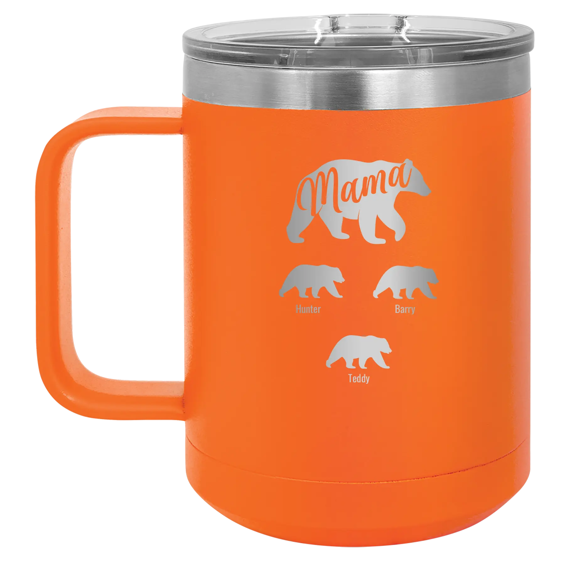 Personalized orange 15 oz vacuum insulated coffee mug with 'Mama Bear 3 baby bears' design