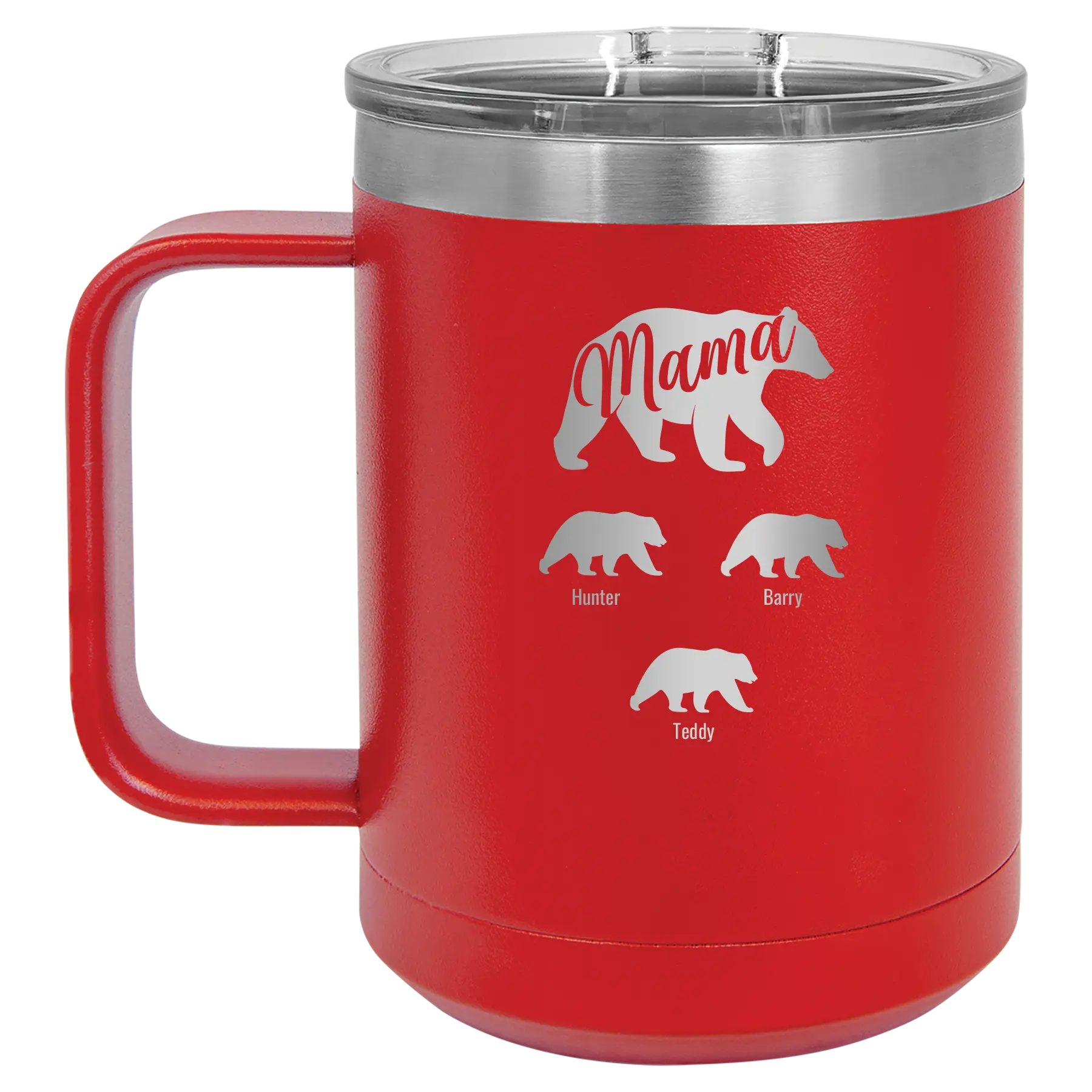 Personalized red 15 oz vacuum insulated coffee mug with 'Mama Bear 3 baby bears' design