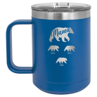 Personalized royal blue 15 oz vacuum insulated coffee mug with 'Mama Bear 3 baby bears' design