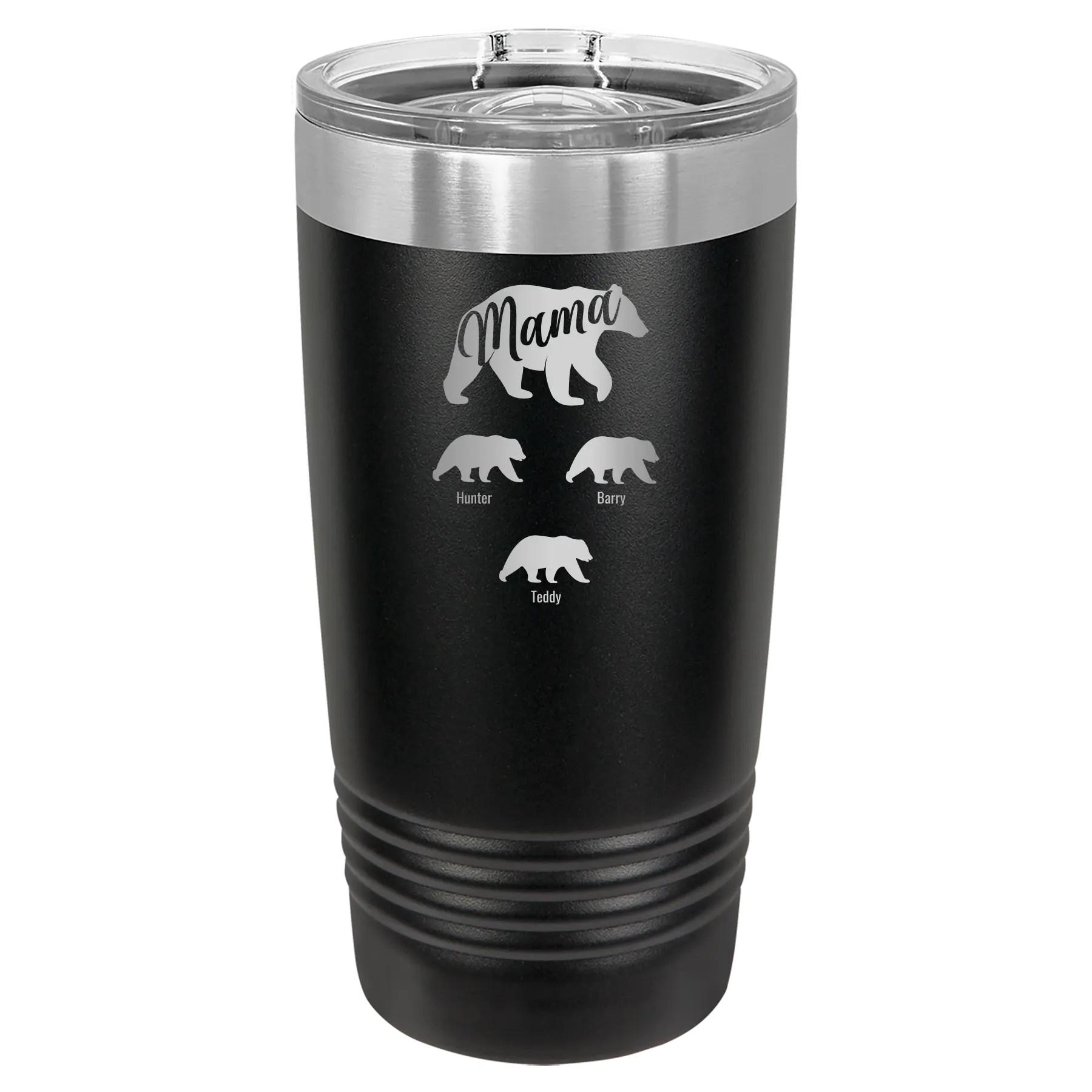 Personalized black 20 oz vacuum insulated tumbler with 'Mama Bear 3 baby bears' design