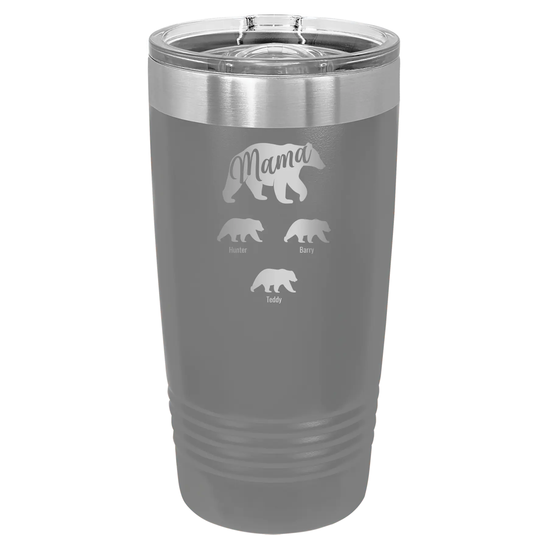 Personalized dark gray 20 oz vacuum insulated tumbler with 'Mama Bear 3 baby bears' design