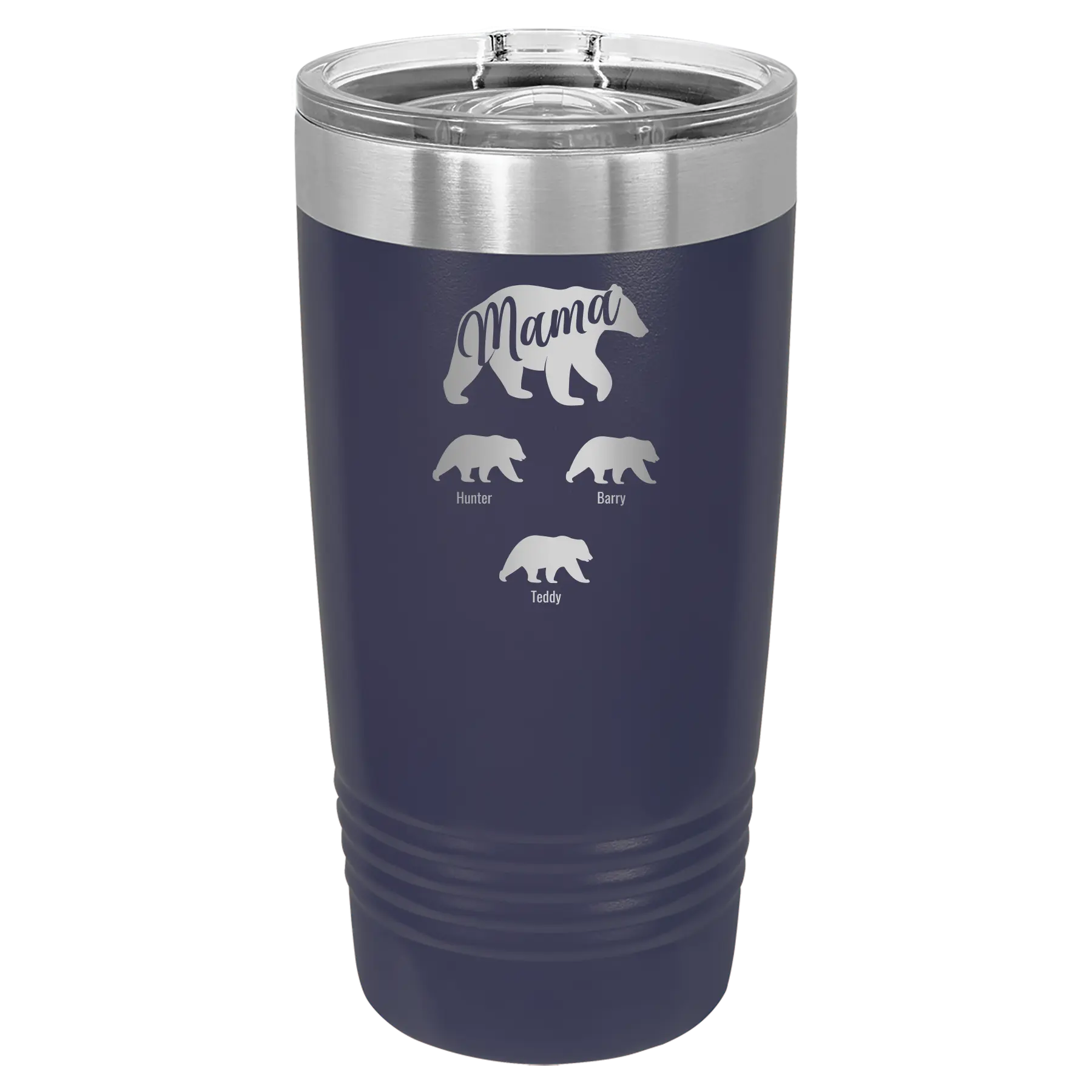 Personalized navy 20 oz vacuum insulated tumbler with 'Mama Bear 3 baby bears' design