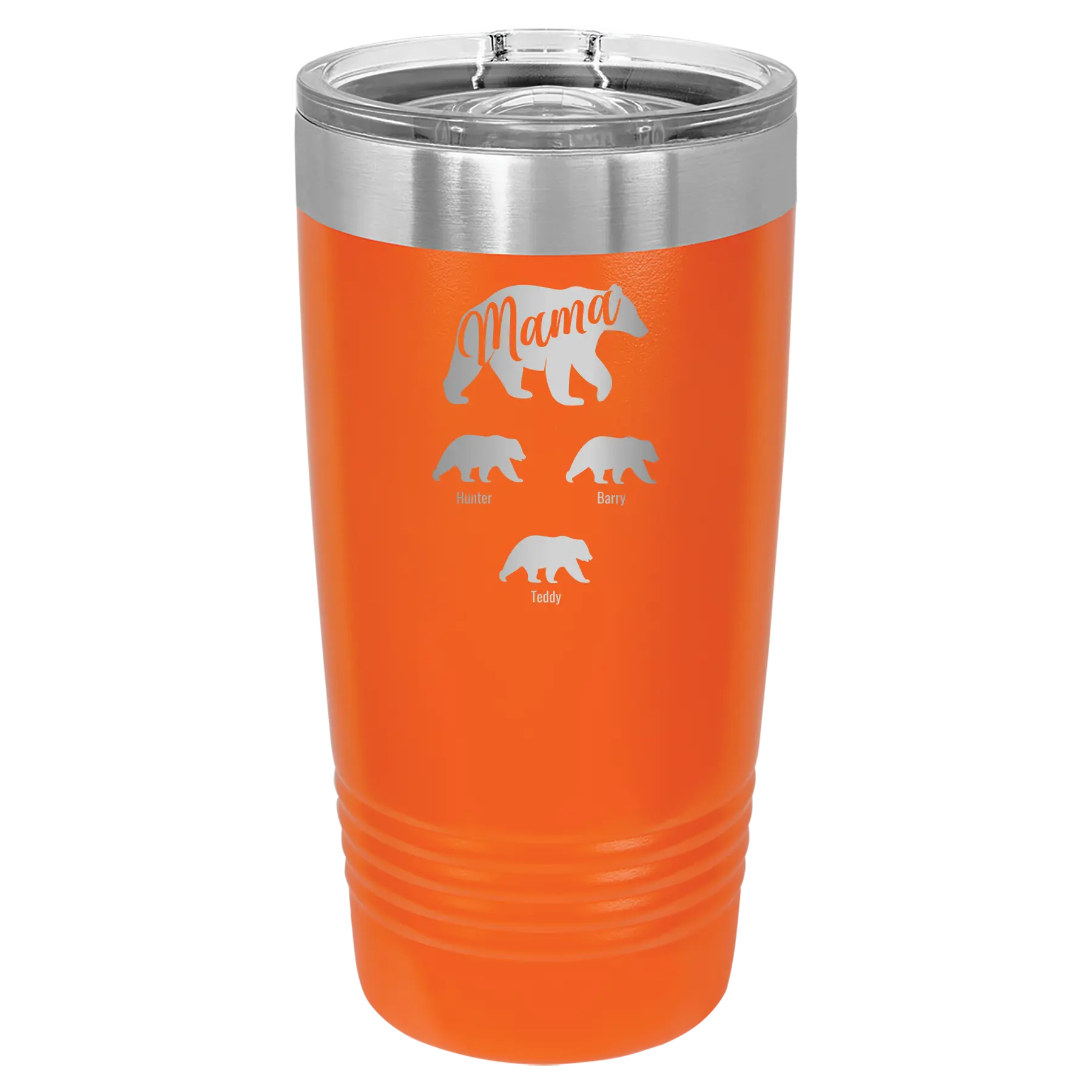 Personalized orange 20 oz vacuum insulated tumbler with 'Mama Bear 3 baby bears' design