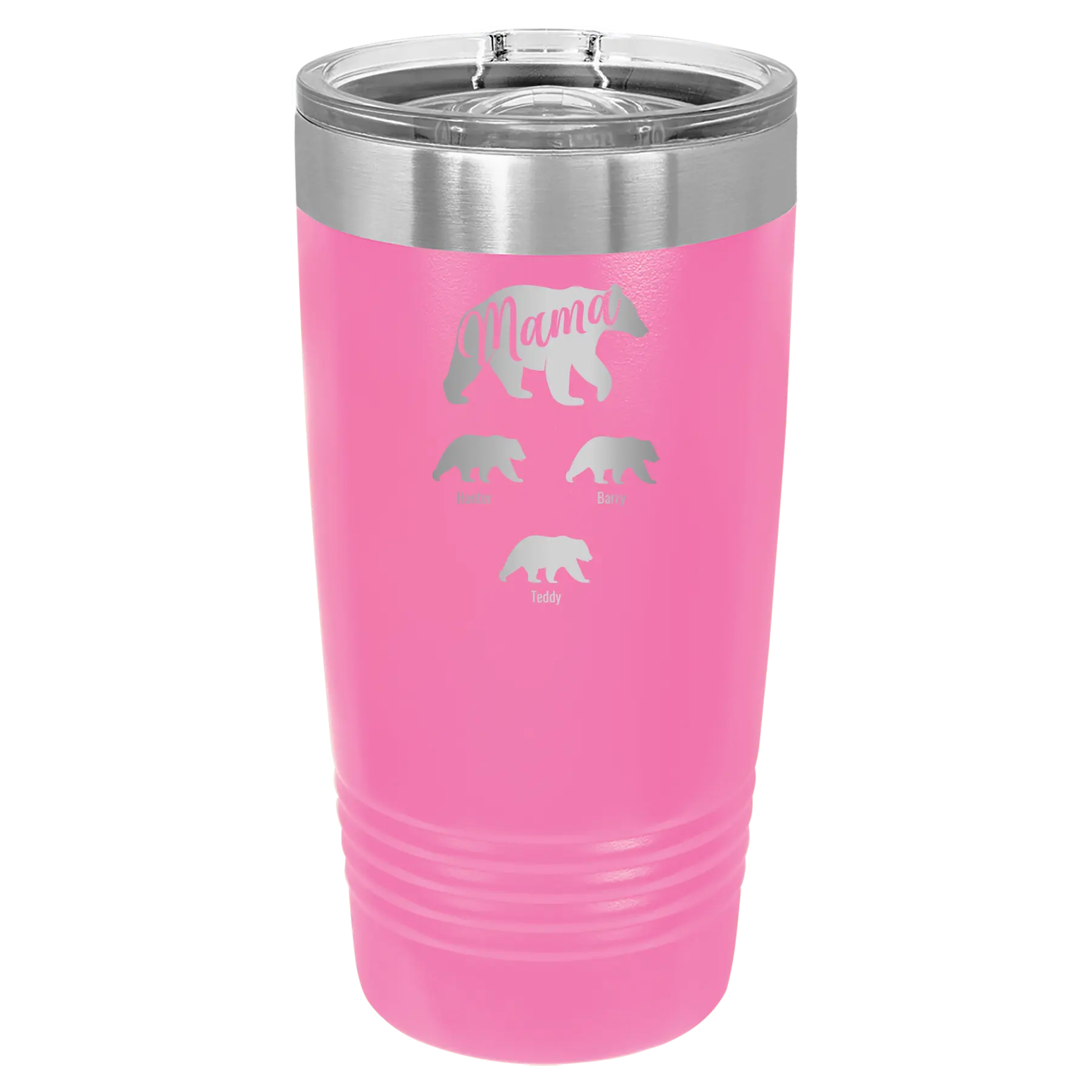 Personalized pink 20 oz vacuum insulated tumbler with 'Mama Bear 3 baby bears' design