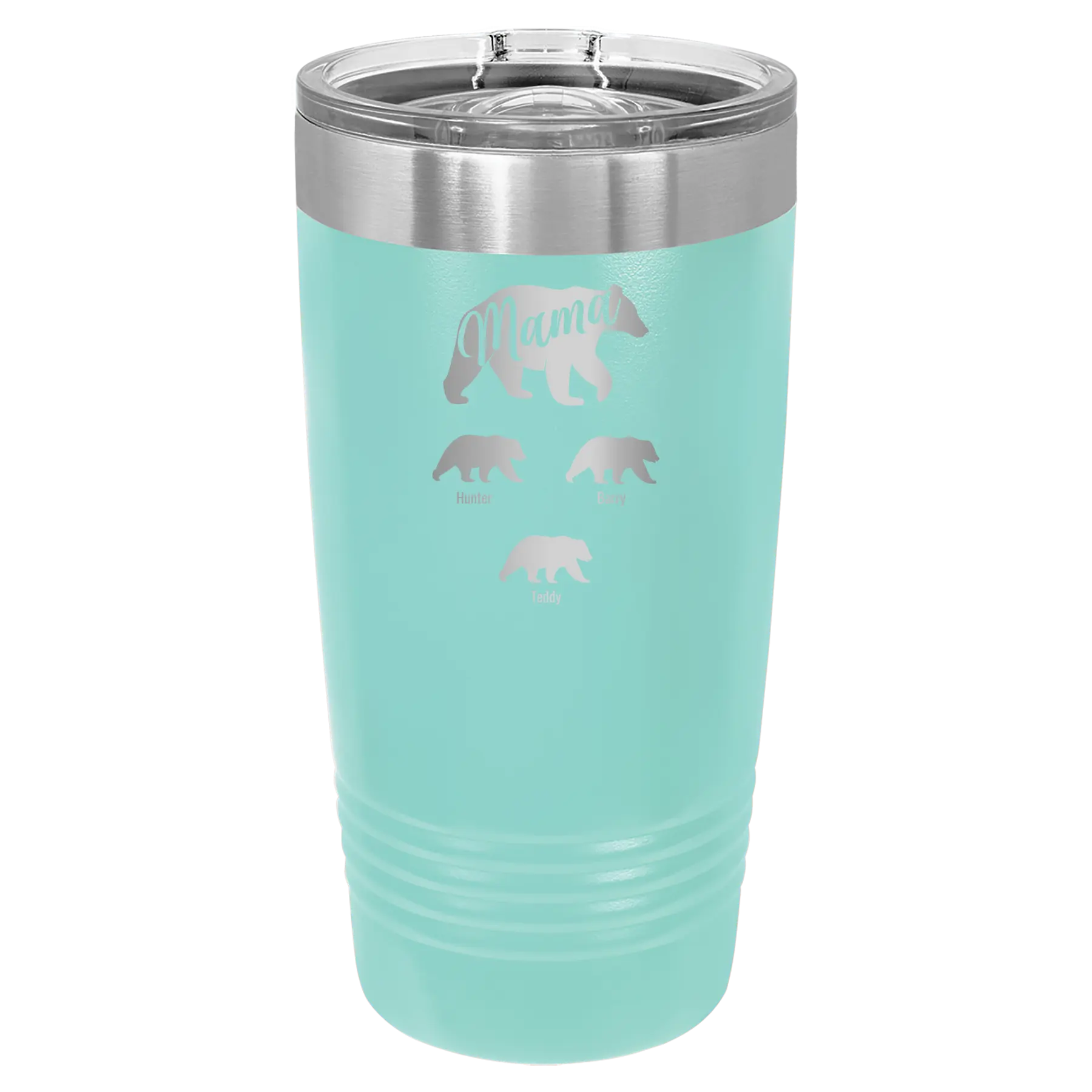 Personalized teal 20 oz vacuum insulated tumbler with 'Mama Bear 3 baby bears' design