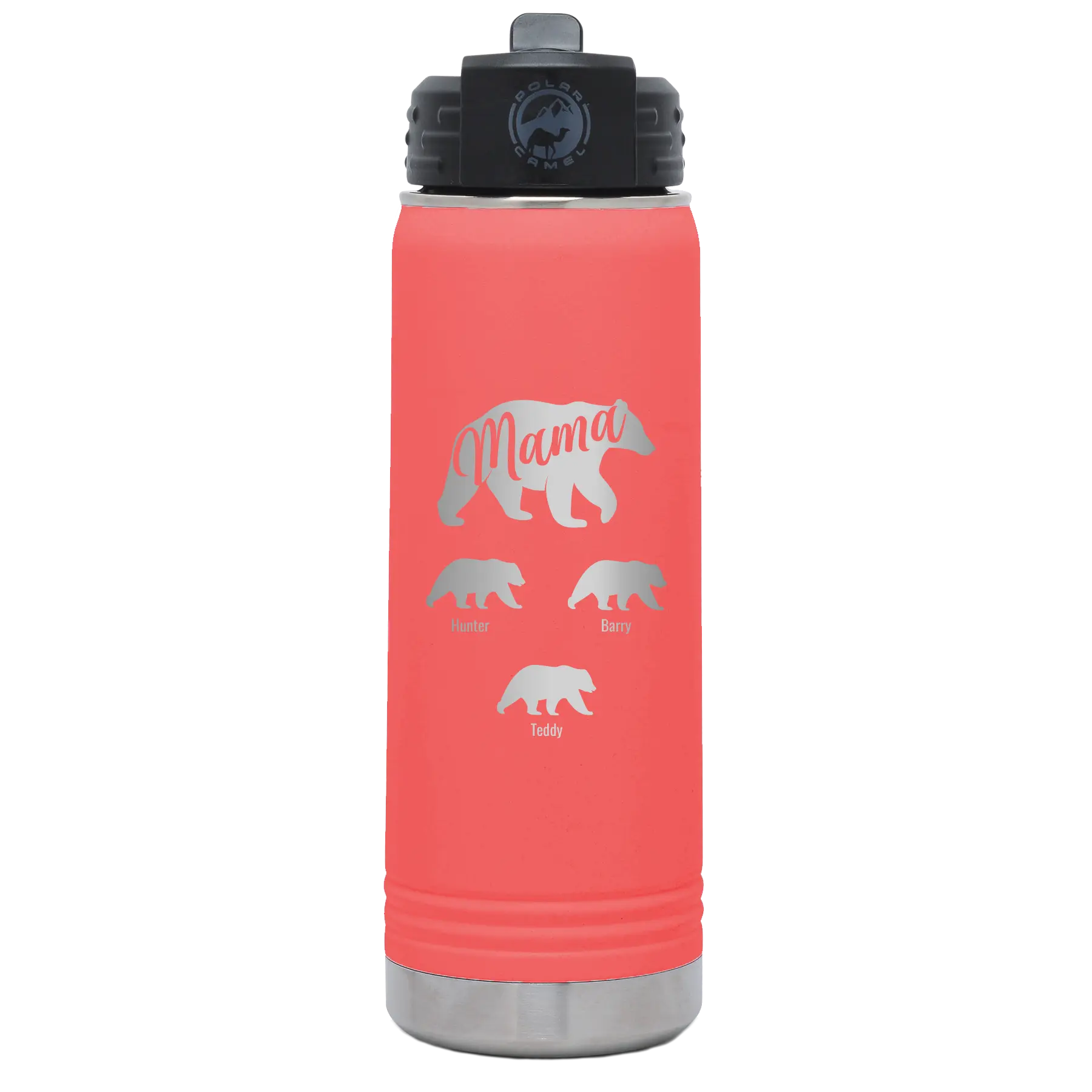 Personalized coral 20 oz vacuum insulated water bottle with 'Mama Bear 3 baby bears' design