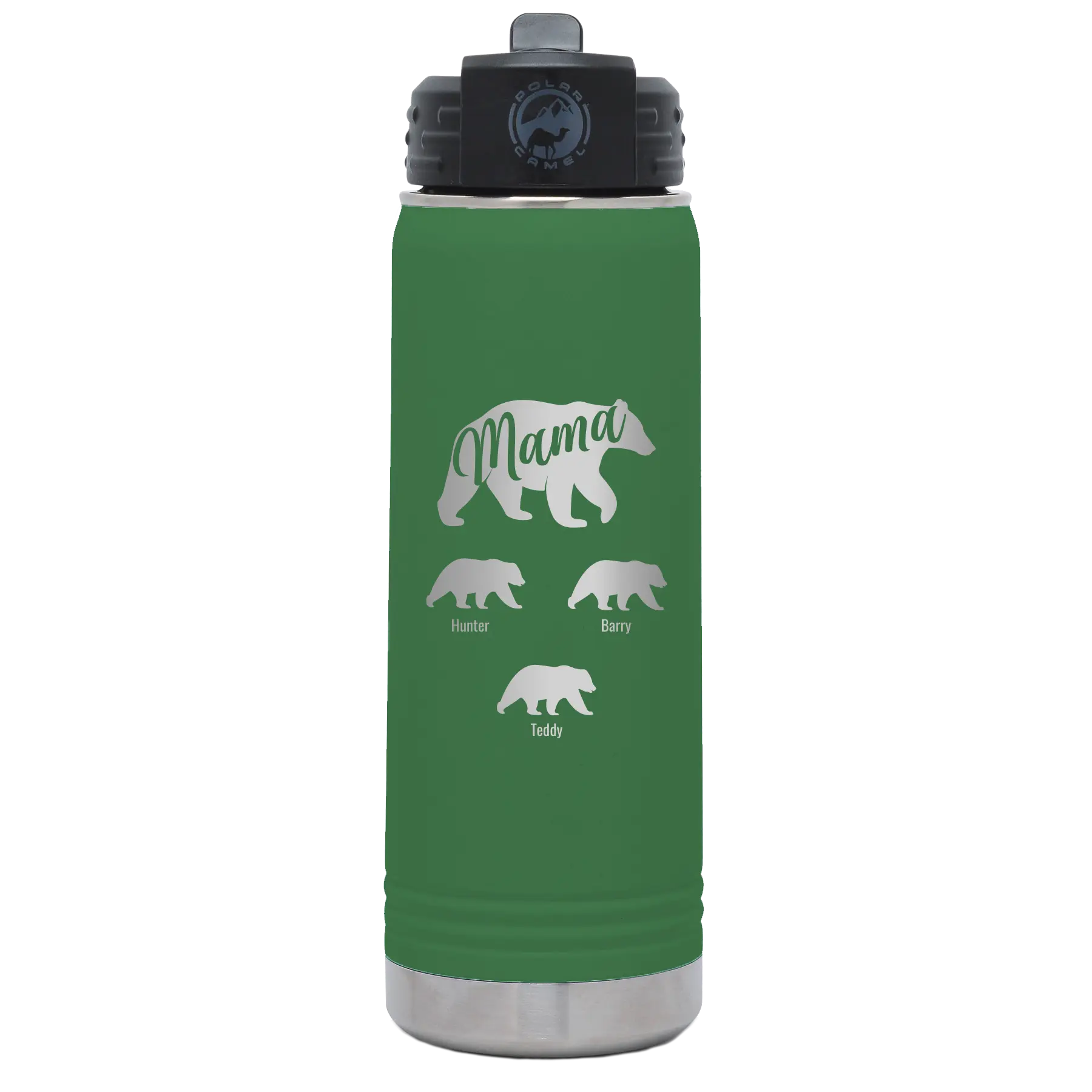 Personalized green 20 oz vacuum insulated water bottle with 'Mama Bear 3 baby bears' design