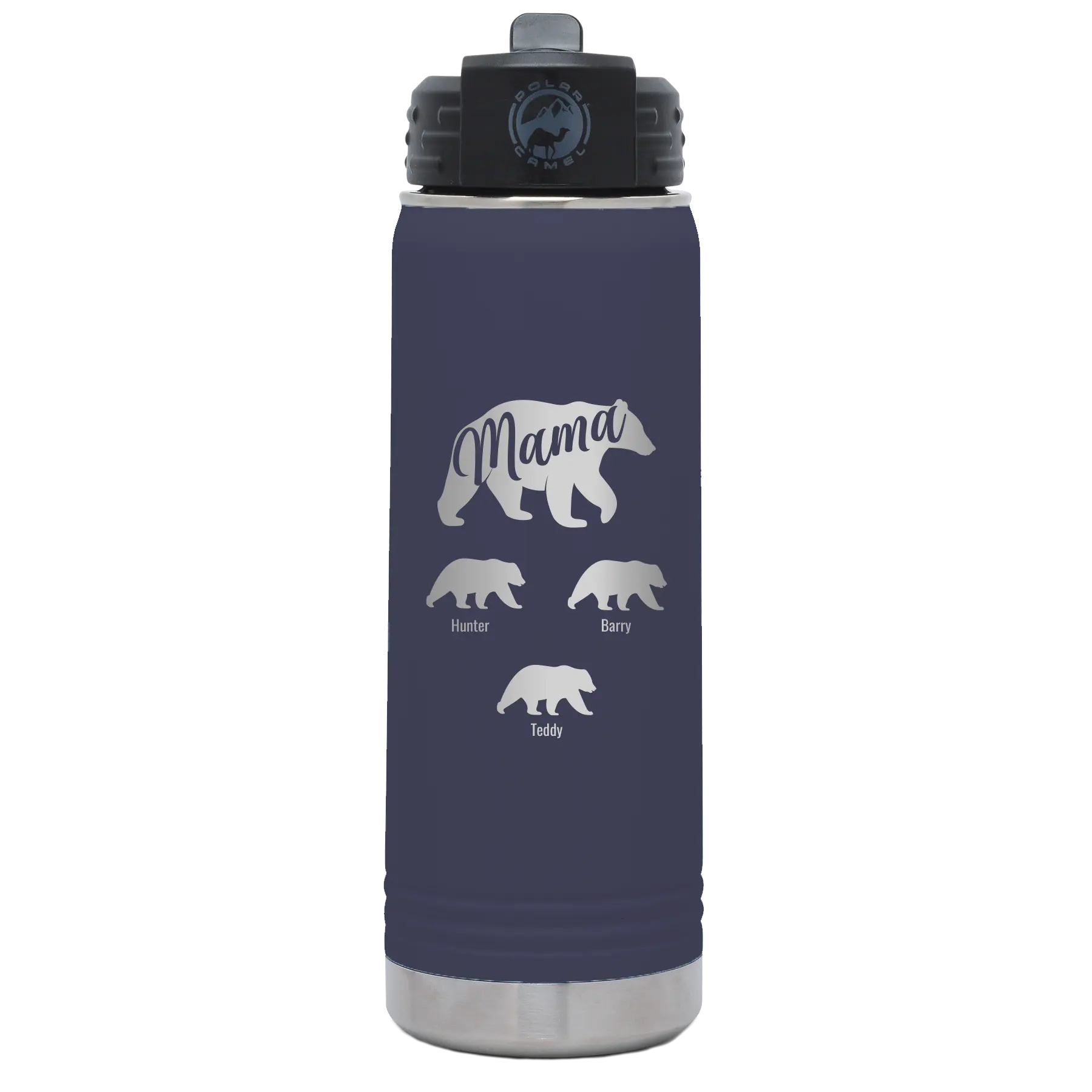 Personalized navy 20 oz vacuum insulated water bottle with 'Mama Bear 3 baby bears' design