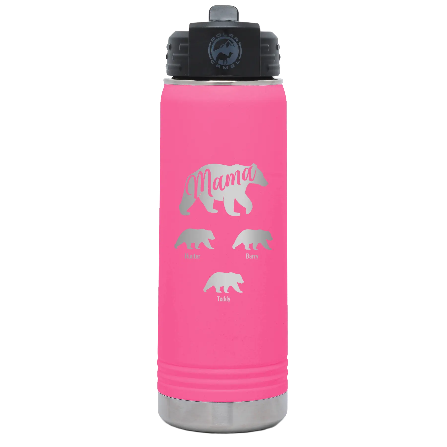 Personalized pink 20 oz vacuum insulated water bottle with 'Mama Bear 3 baby bears' design