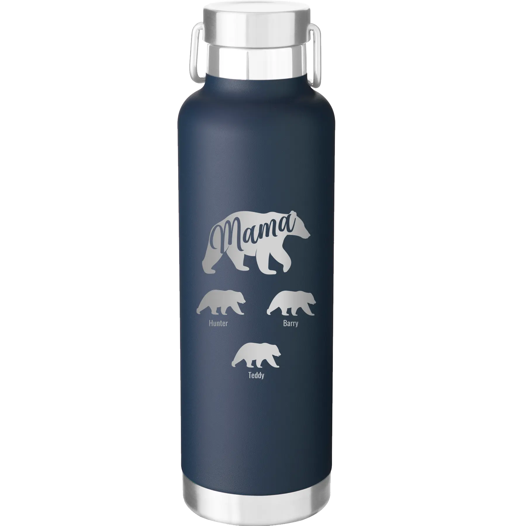 Personalized navy 24 oz vacuum insulated water bottle with 'Mama Bear 3 baby bears' design