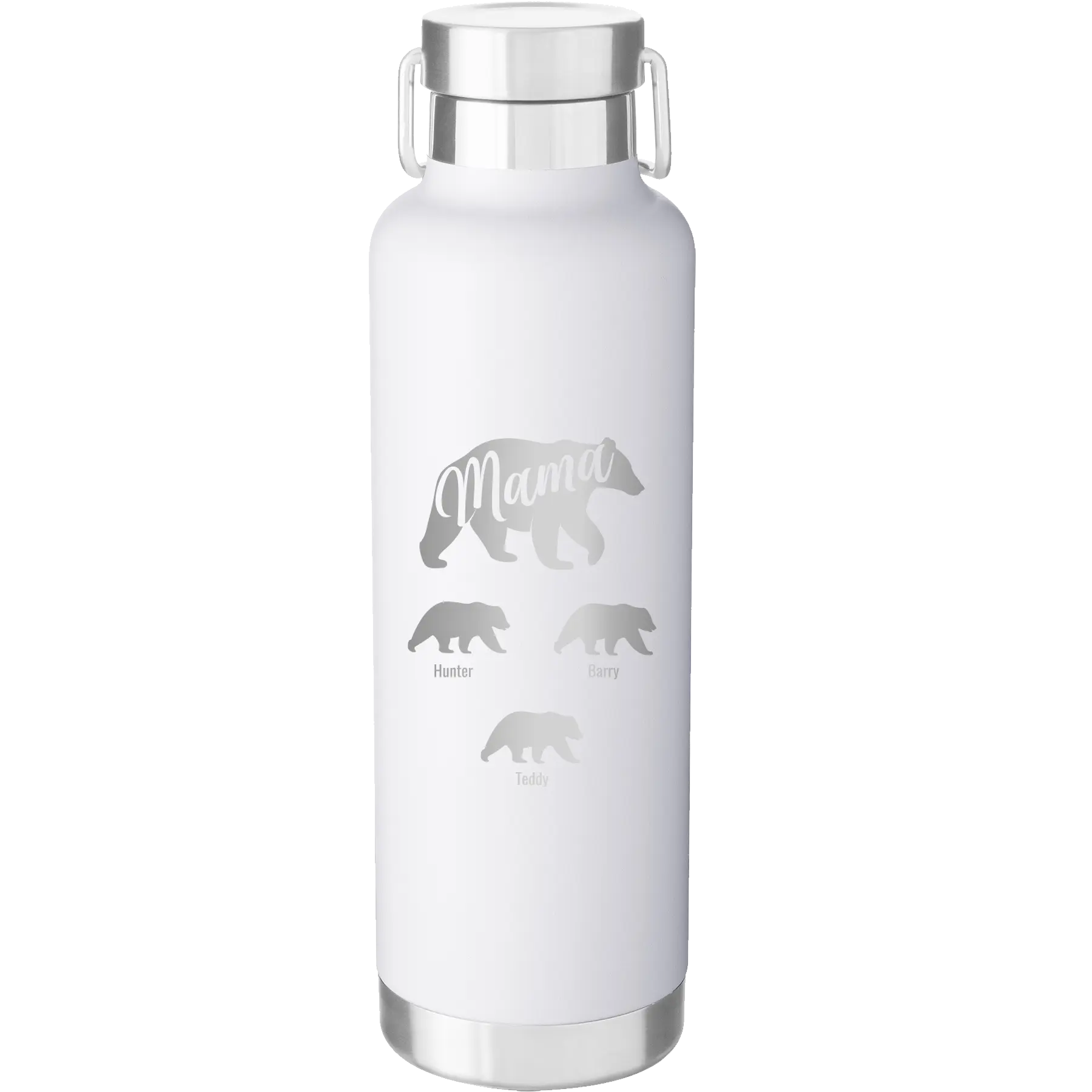 Personalized white 24 oz vacuum insulated water bottle with 'Mama Bear 3 baby bears' design