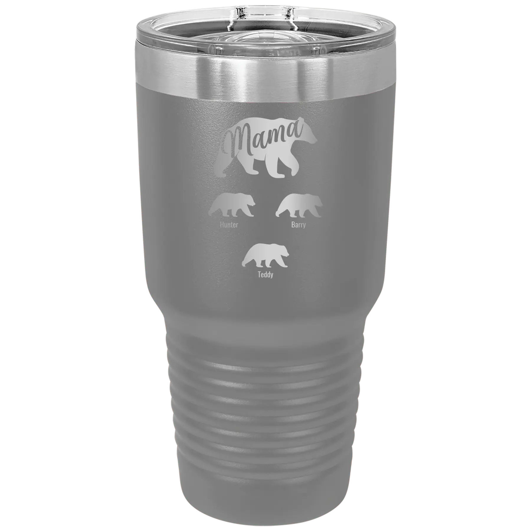 Personalized dark gray 30 oz vacuum insulated tumbler with 'Mama Bear 3 baby bears' design