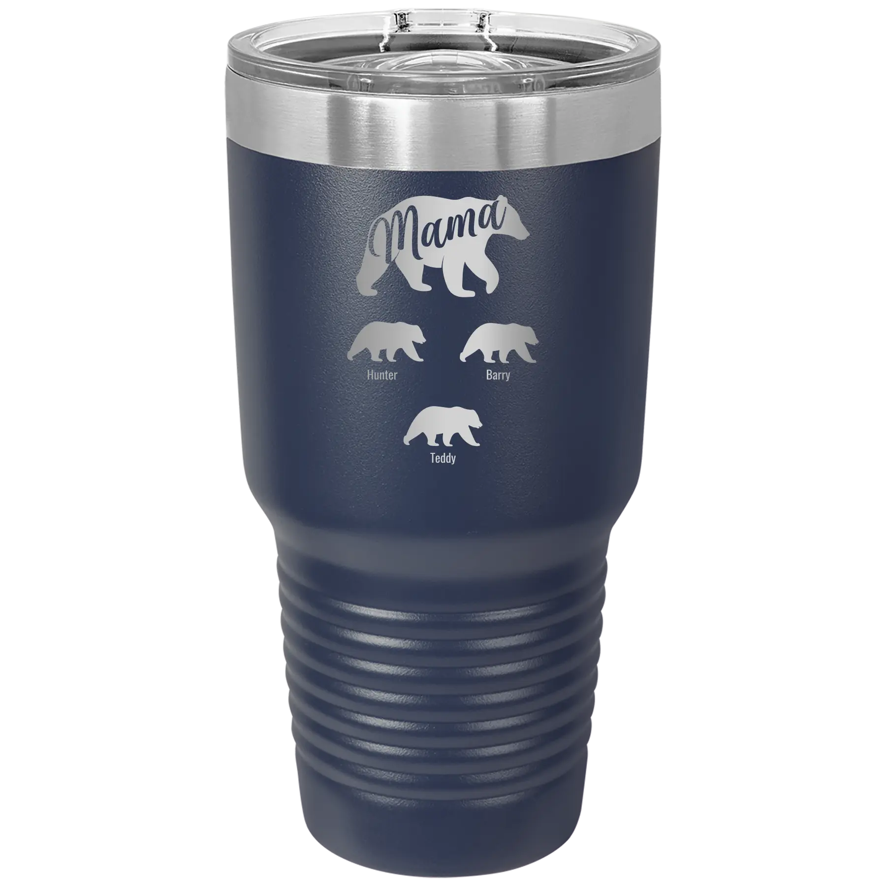 Personalized navy 30 oz vacuum insulated tumbler with 'Mama Bear 3 baby bears' design