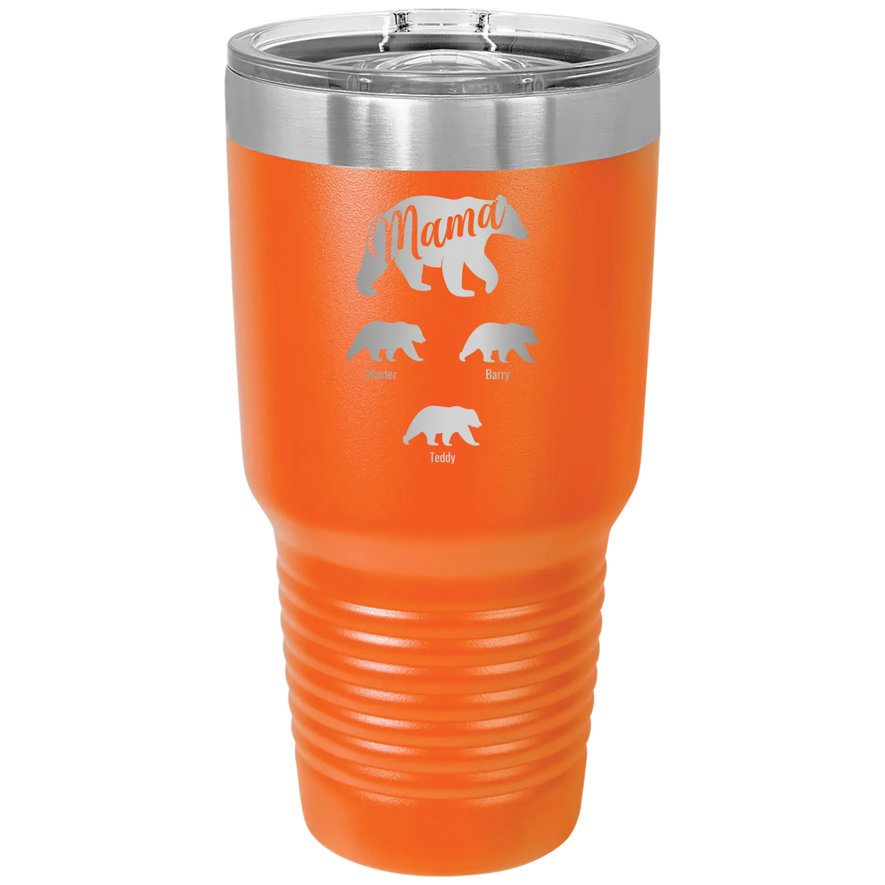 Personalized orange 30 oz vacuum insulated tumbler with 'Mama Bear 3 baby bears' design
