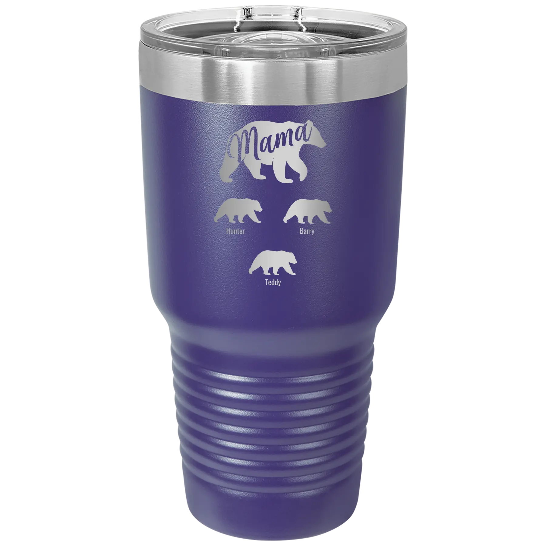 Personalized purple 30 oz vacuum insulated tumbler with 'Mama Bear 3 baby bears' design