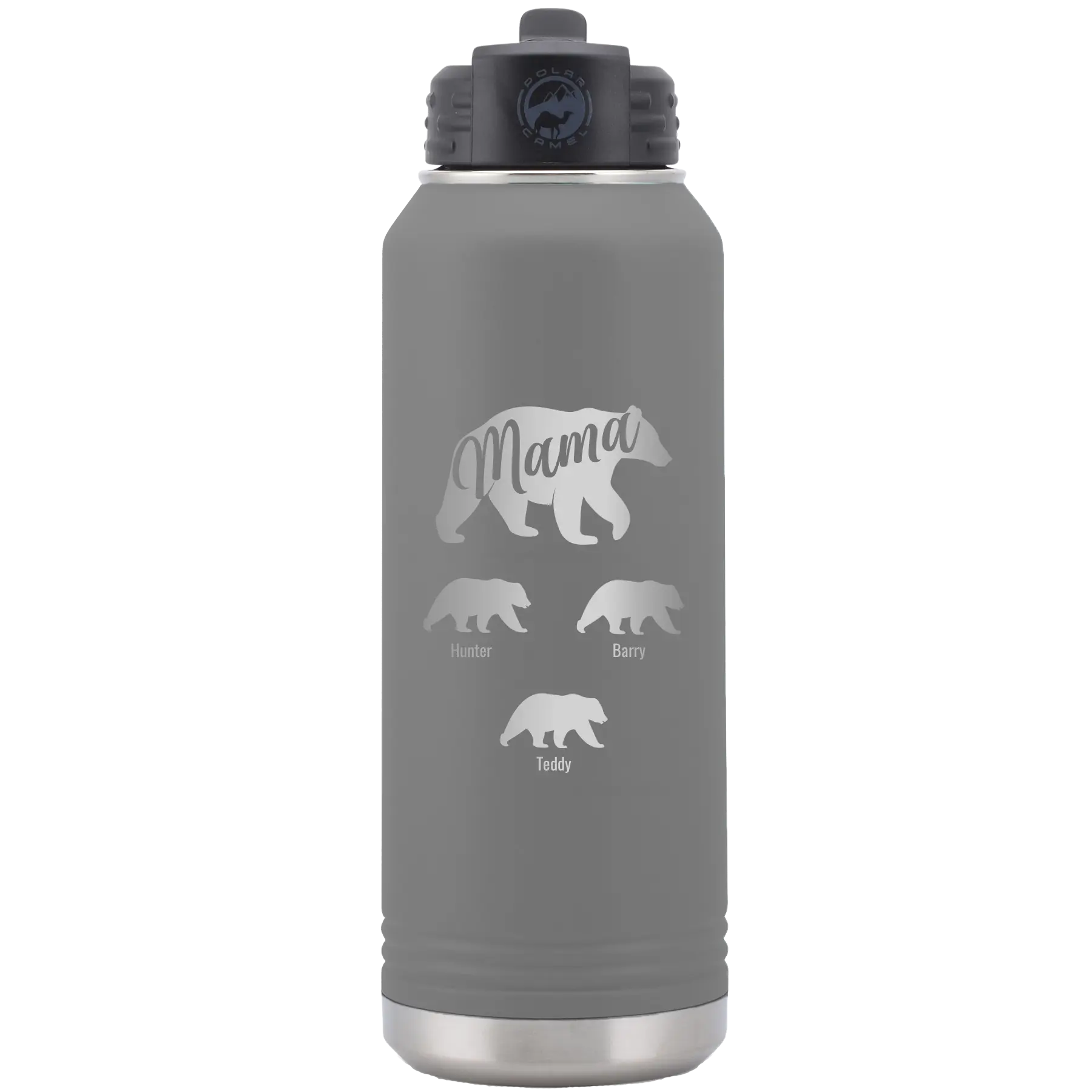 Personalized dark gray 32 oz vacuum insulated water bottle with 'Mama Bear 3 baby bears' design