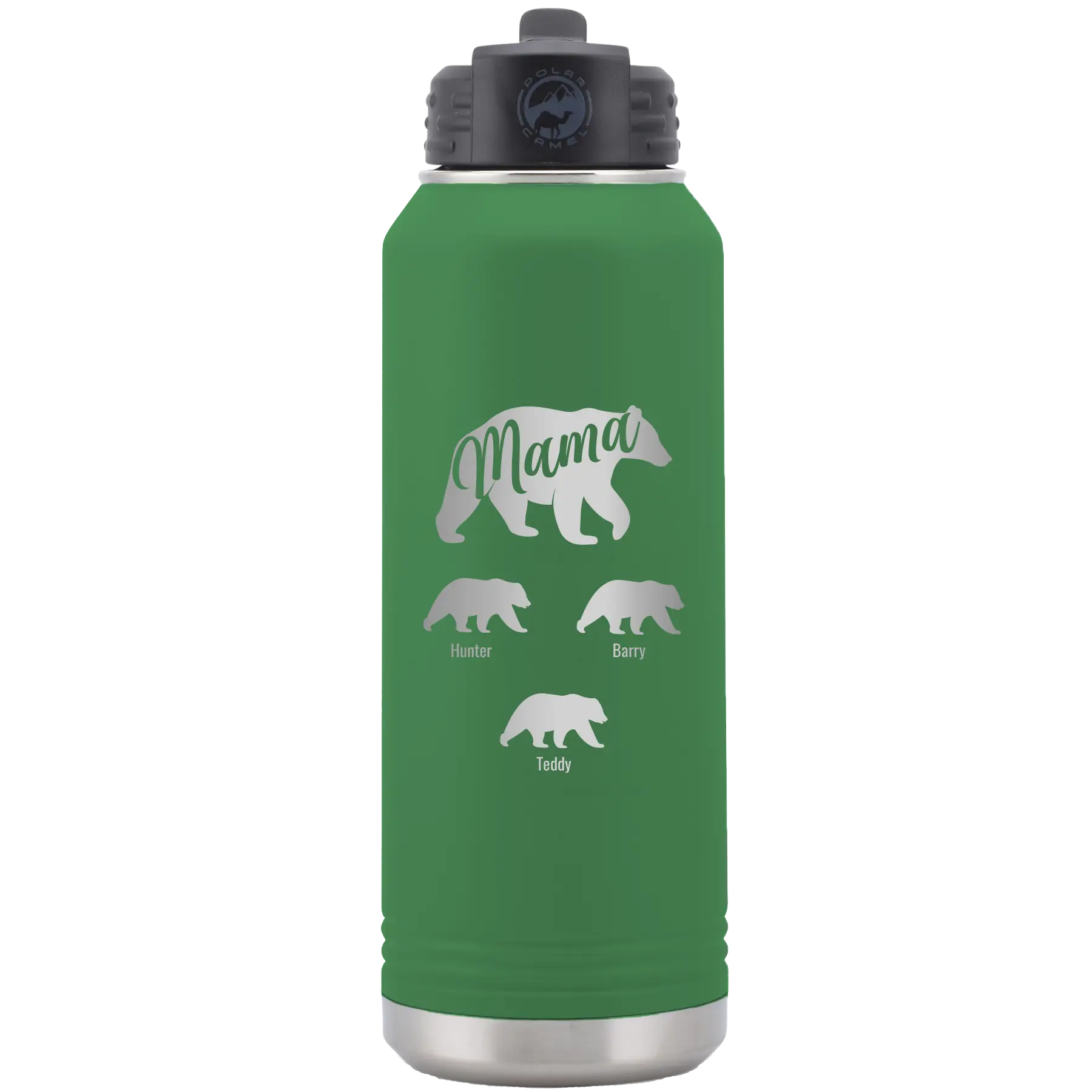 Personalized green 32 oz vacuum insulated water bottle with 'Mama Bear 3 baby bears' design
