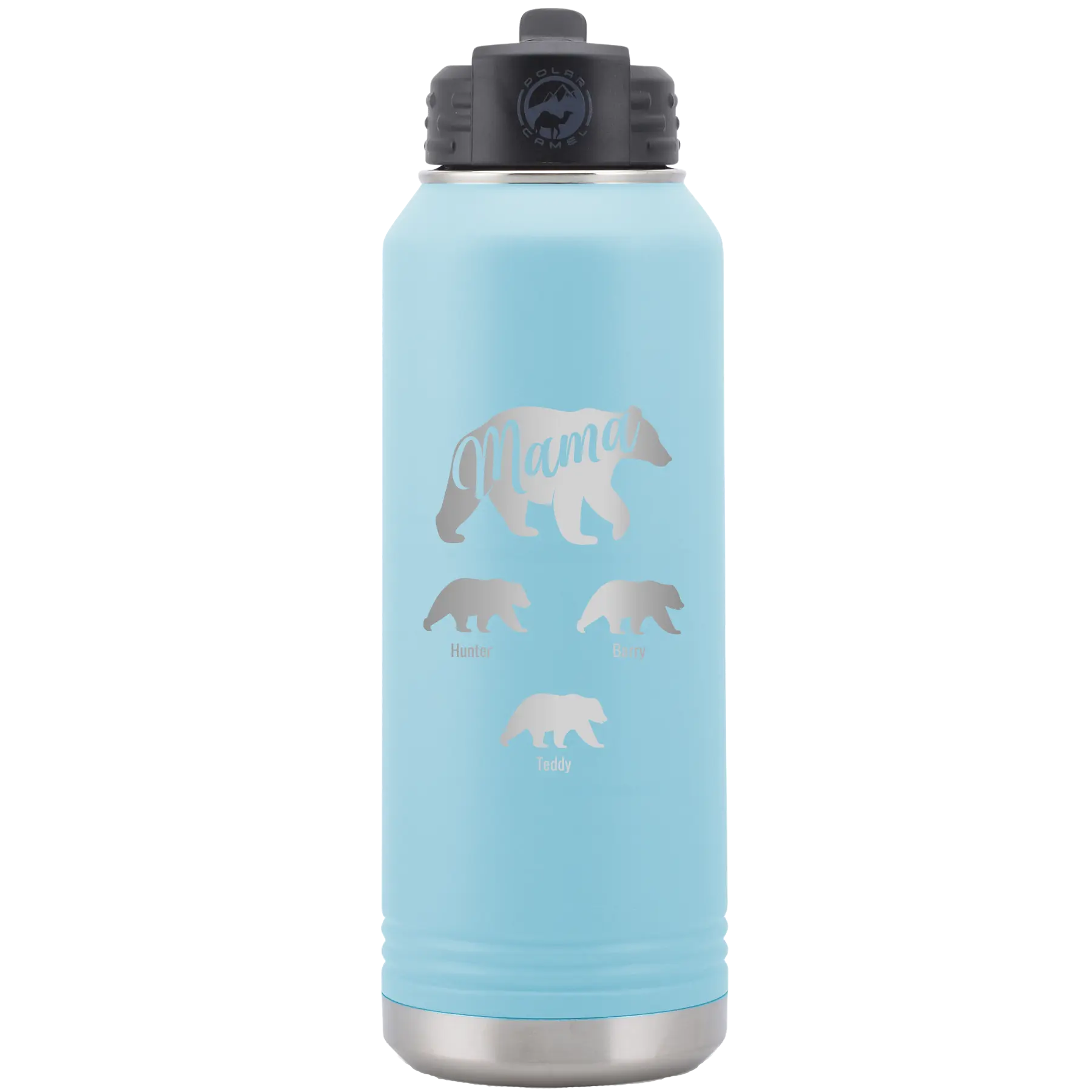 Personalized light blue 32 oz vacuum insulated water bottle with 'Mama Bear 3 baby bears' design