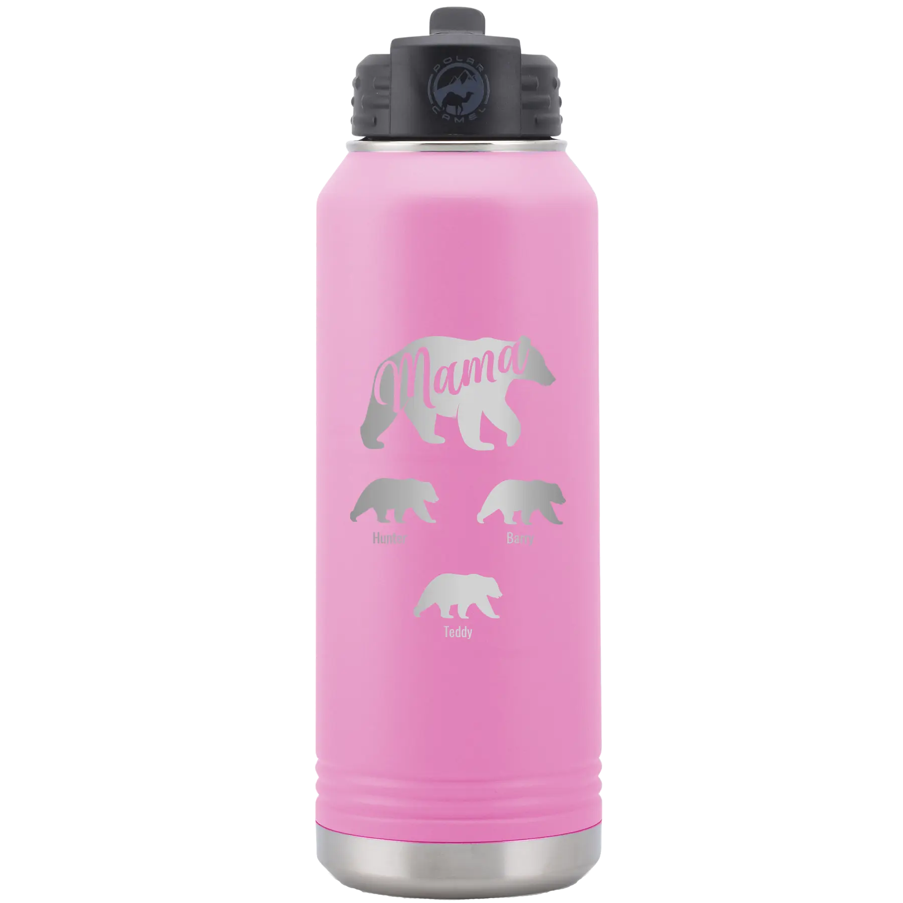 Personalized light purple 32 oz vacuum insulated water bottle with 'Mama Bear 3 baby bears' design