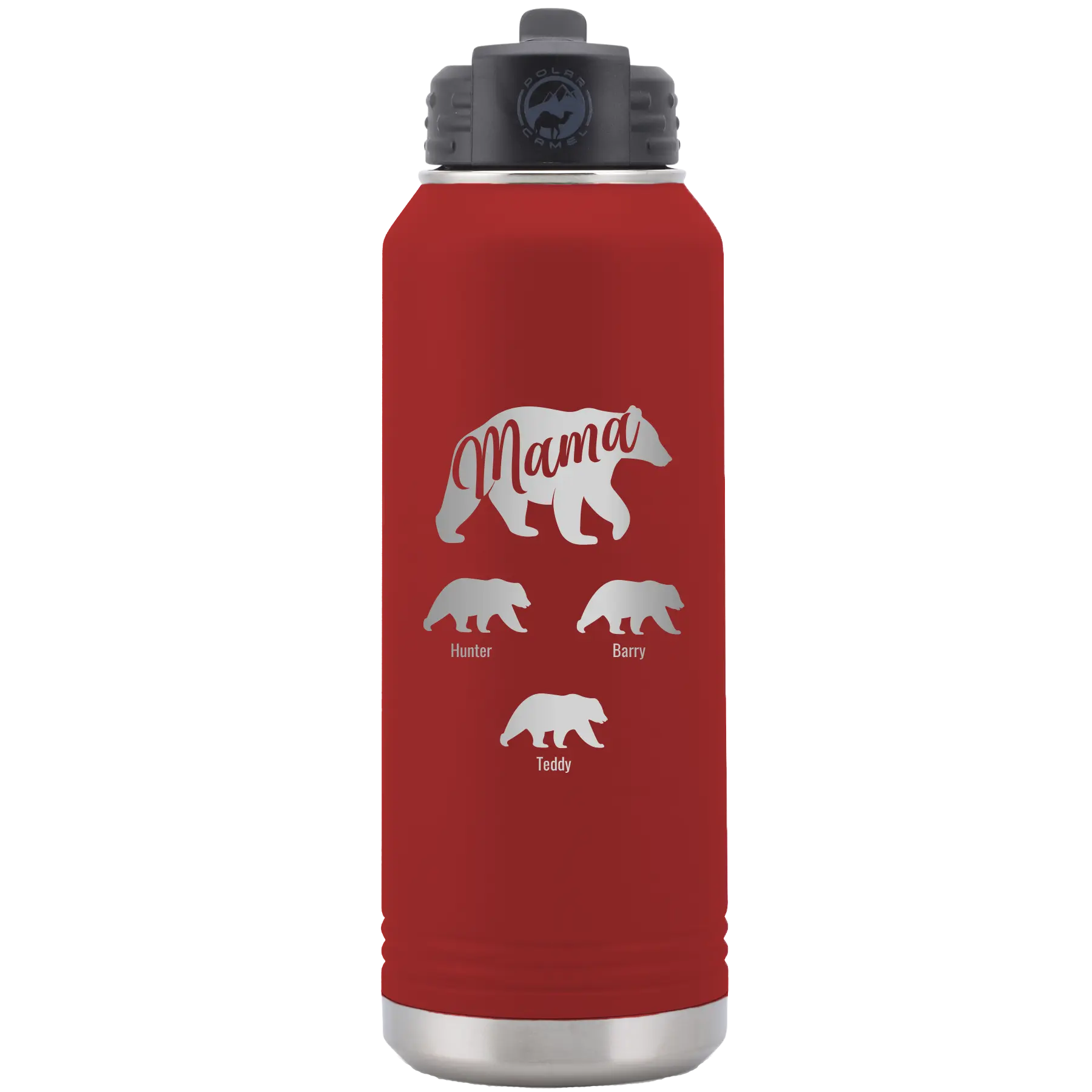 Personalized maroon 32 oz vacuum insulated water bottle with 'Mama Bear 3 baby bears' design