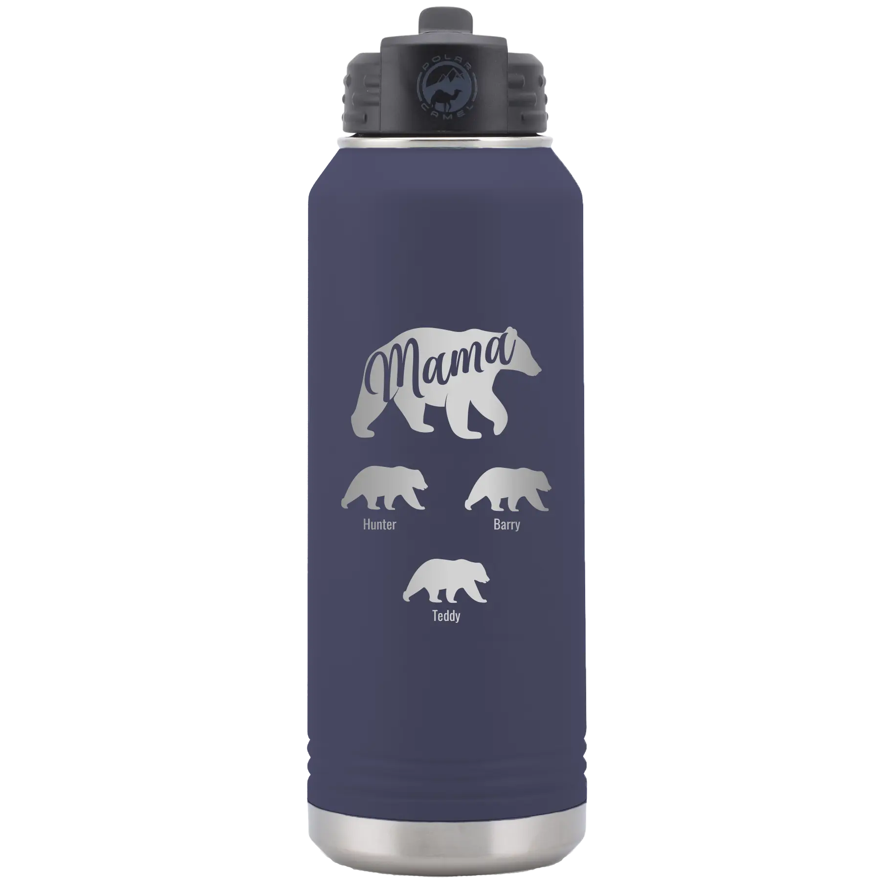Personalized navy 32 oz vacuum insulated water bottle with 'Mama Bear 3 baby bears' design