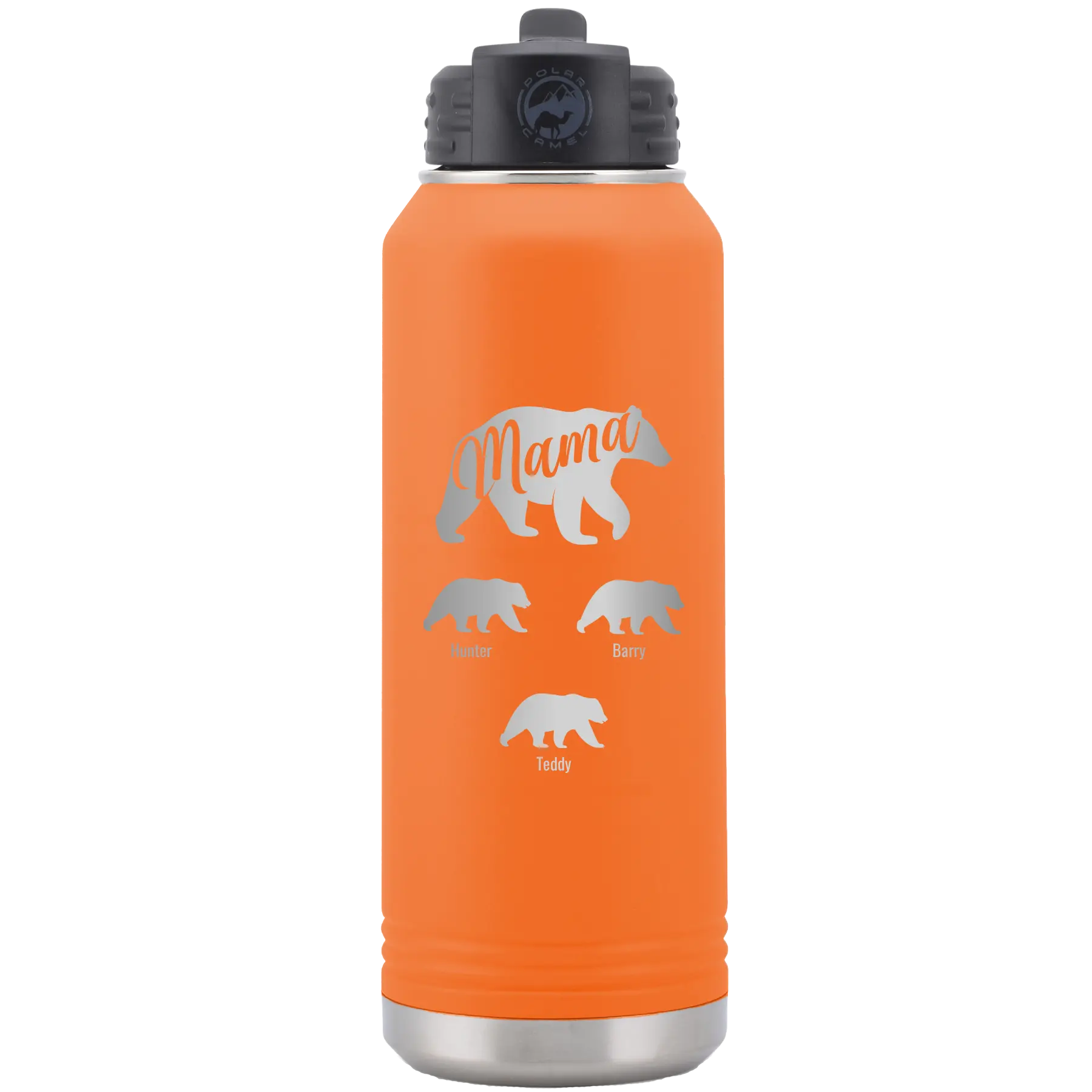 Personalized orange 32 oz vacuum insulated water bottle with 'Mama Bear 3 baby bears' design