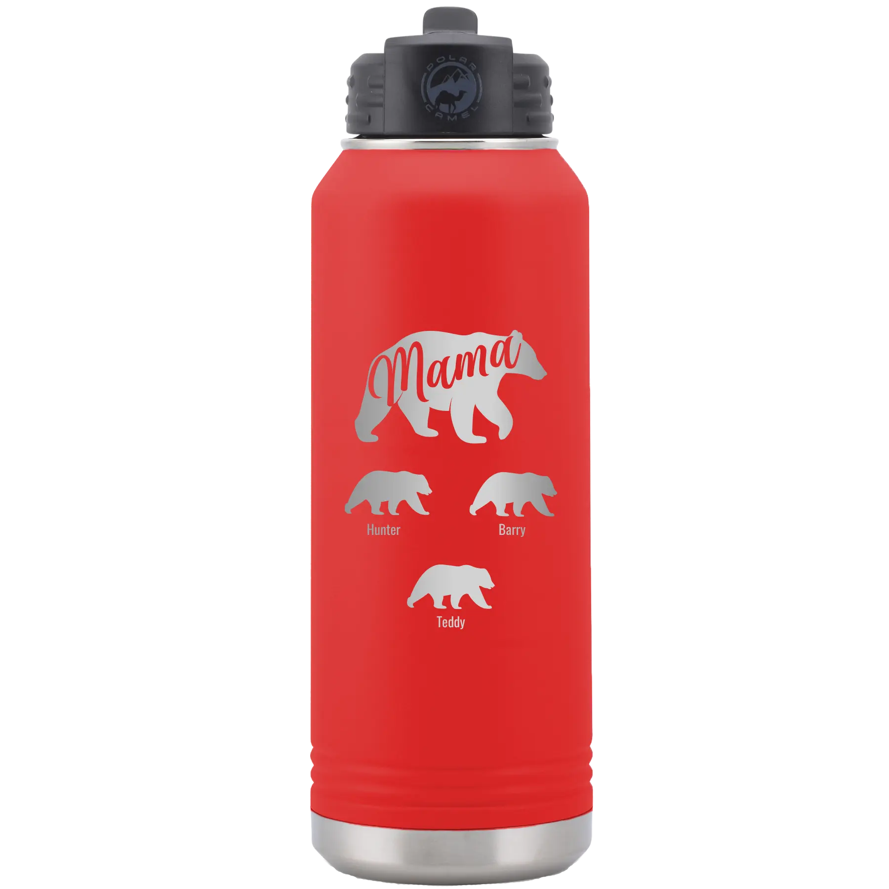 Personalized red 32 oz vacuum insulated water bottle with 'Mama Bear 3 baby bears' design