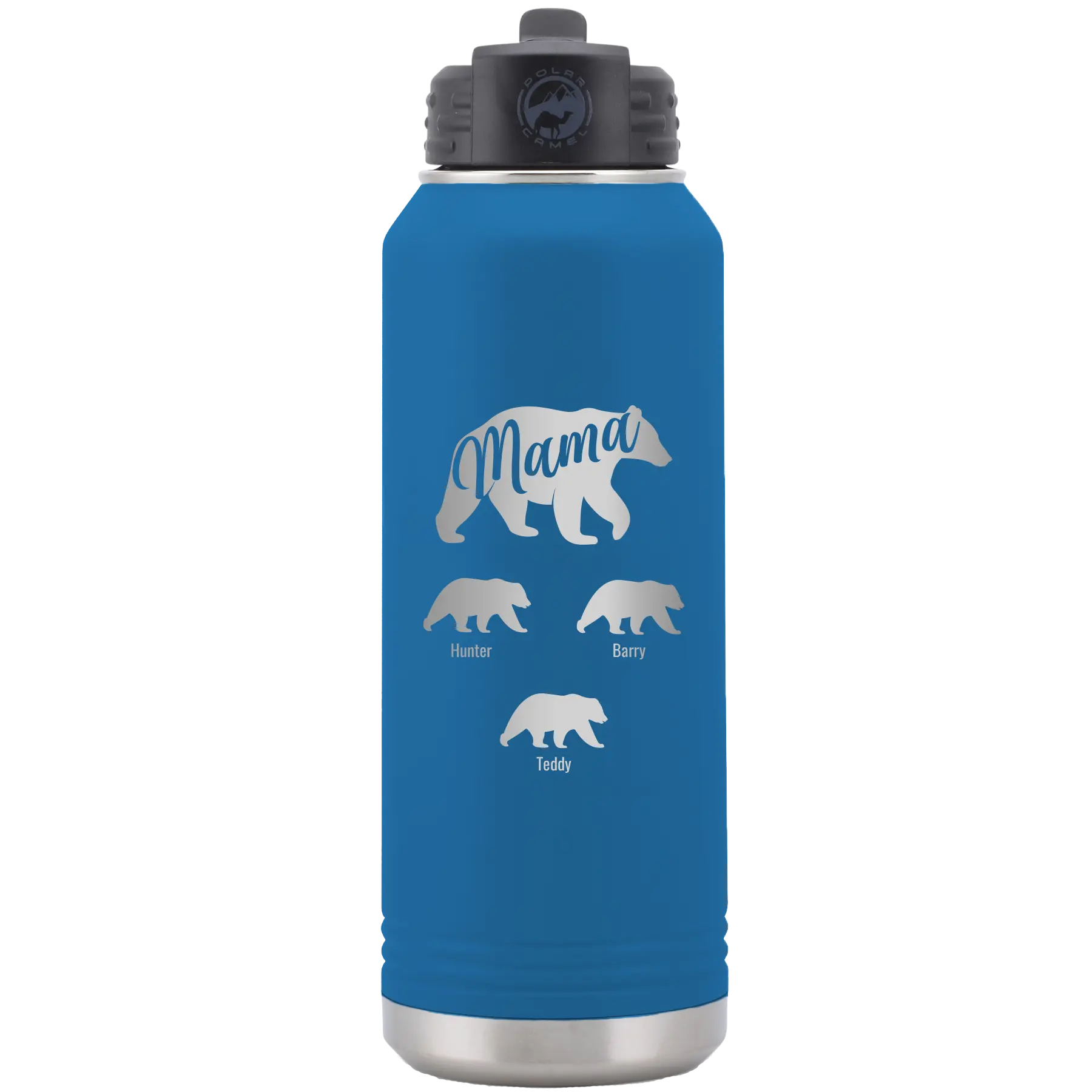Personalized royal blue 32 oz vacuum insulated water bottle with 'Mama Bear 3 baby bears' design