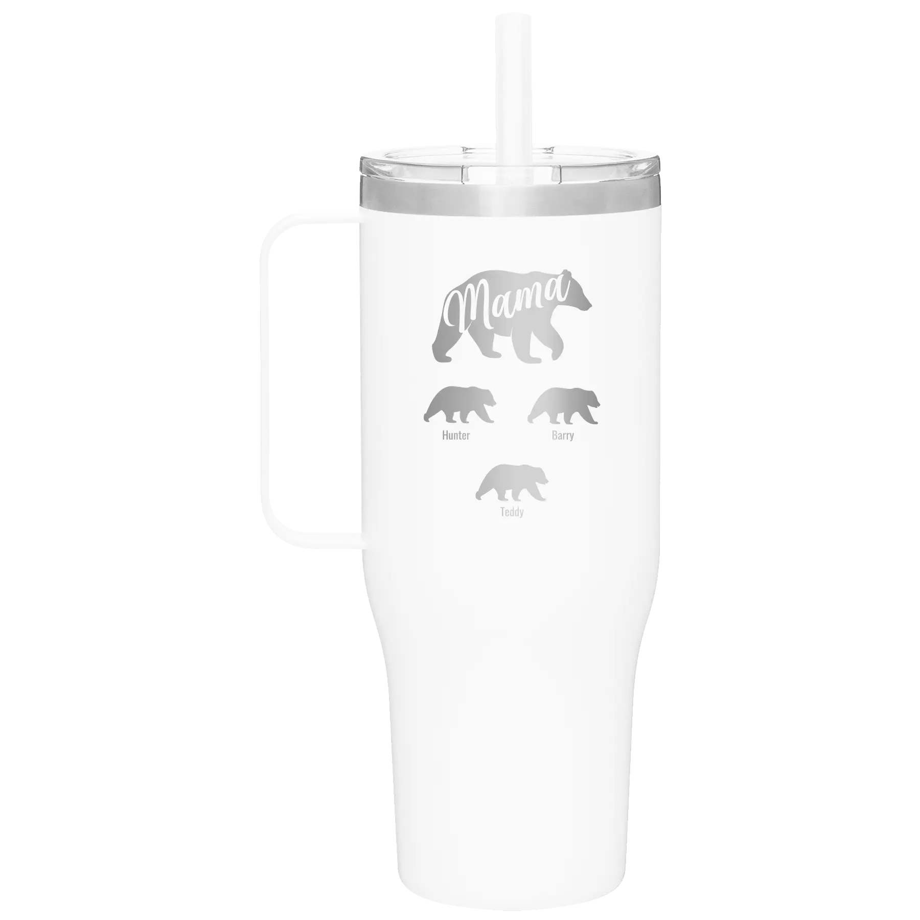 Personalized white 40 oz vacuum insulated tumbler mug with 'Mama Bear 3 baby bears' design