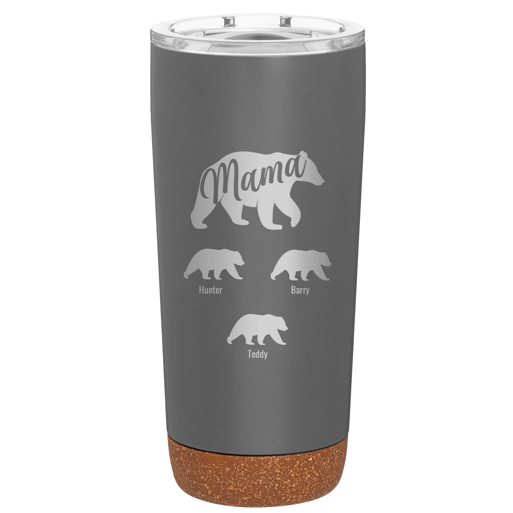 Personalized storm gray 20 oz vacuum insulated tumbler with 'Mama Bear 3 baby bears' design