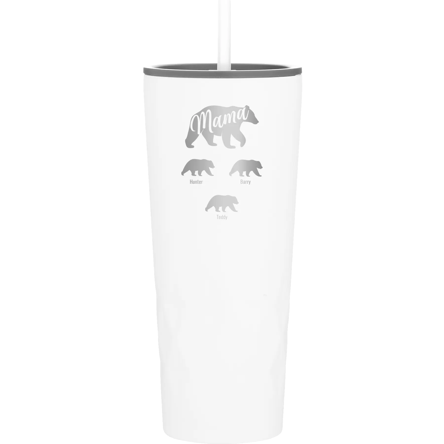 Personalized white 20 oz vacuum insulated tumbler with 'Mama Bear 3 baby bears' design