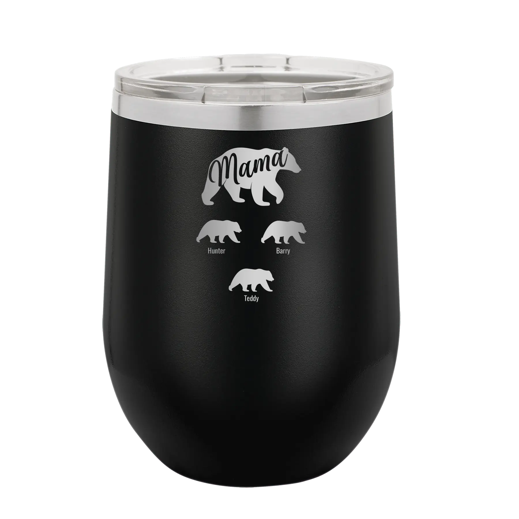 Personalized black 12 oz vacuum insulated wine cup with 'Mama Bear 3 baby bears' design